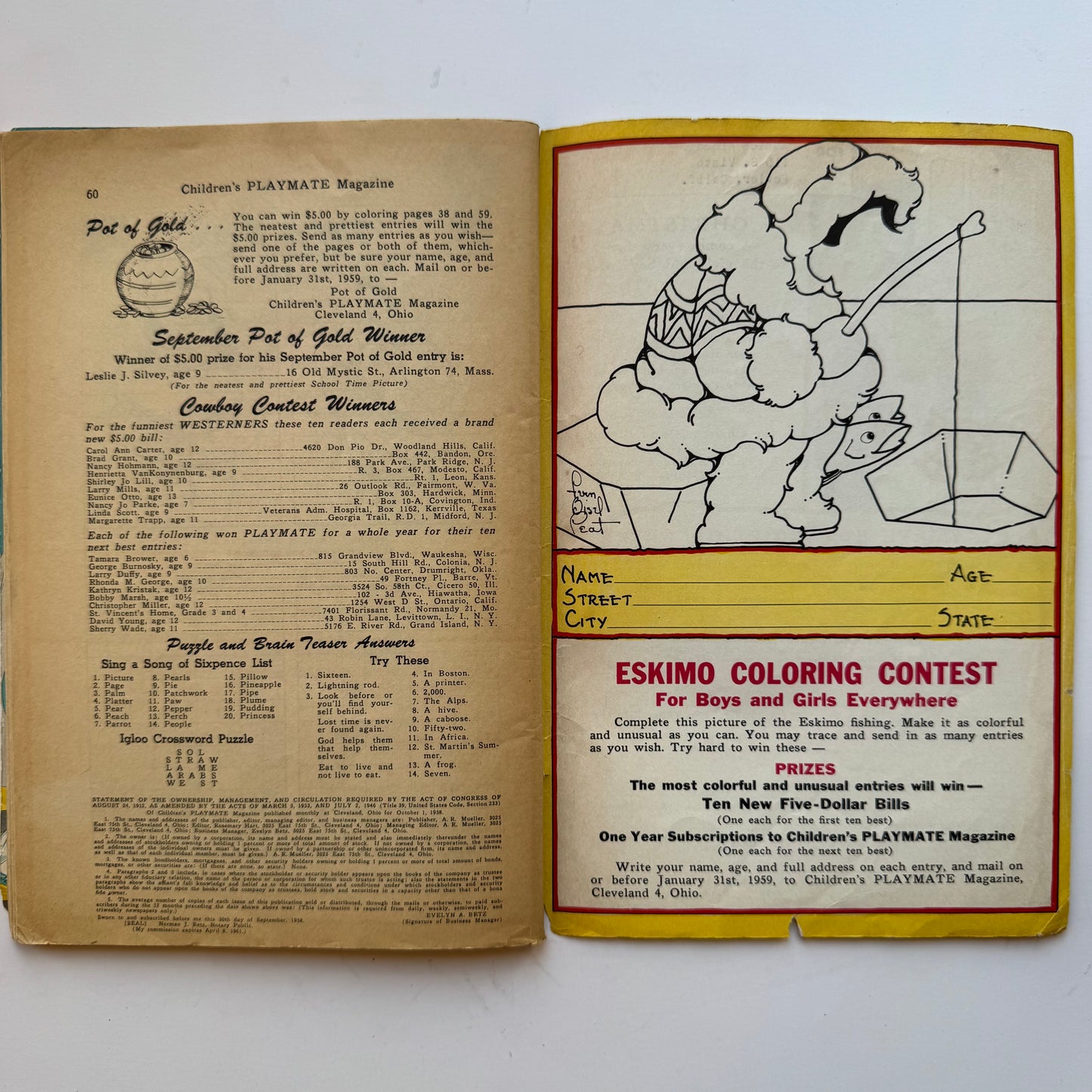 Children's Play Mate Magazine January 1959, Activities and Stories