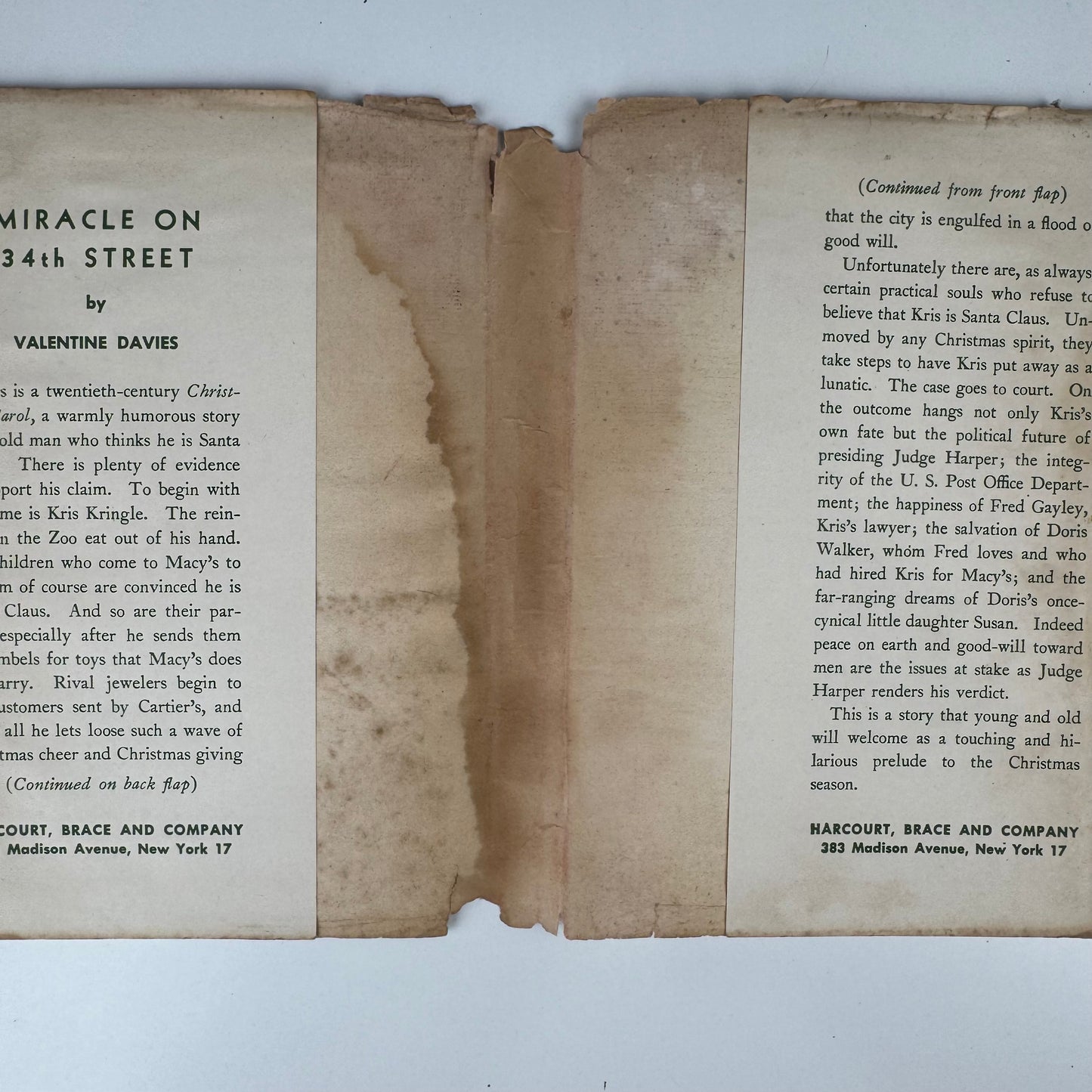 Miracle on 34th Street, Valentine Davies, First Edition, 1947 Hardcover with Dust jacket