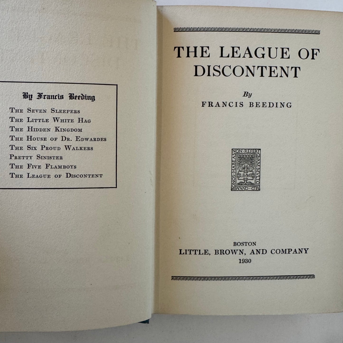 The League of Discontent, Francis Beeding, 1930 Suspense Novel