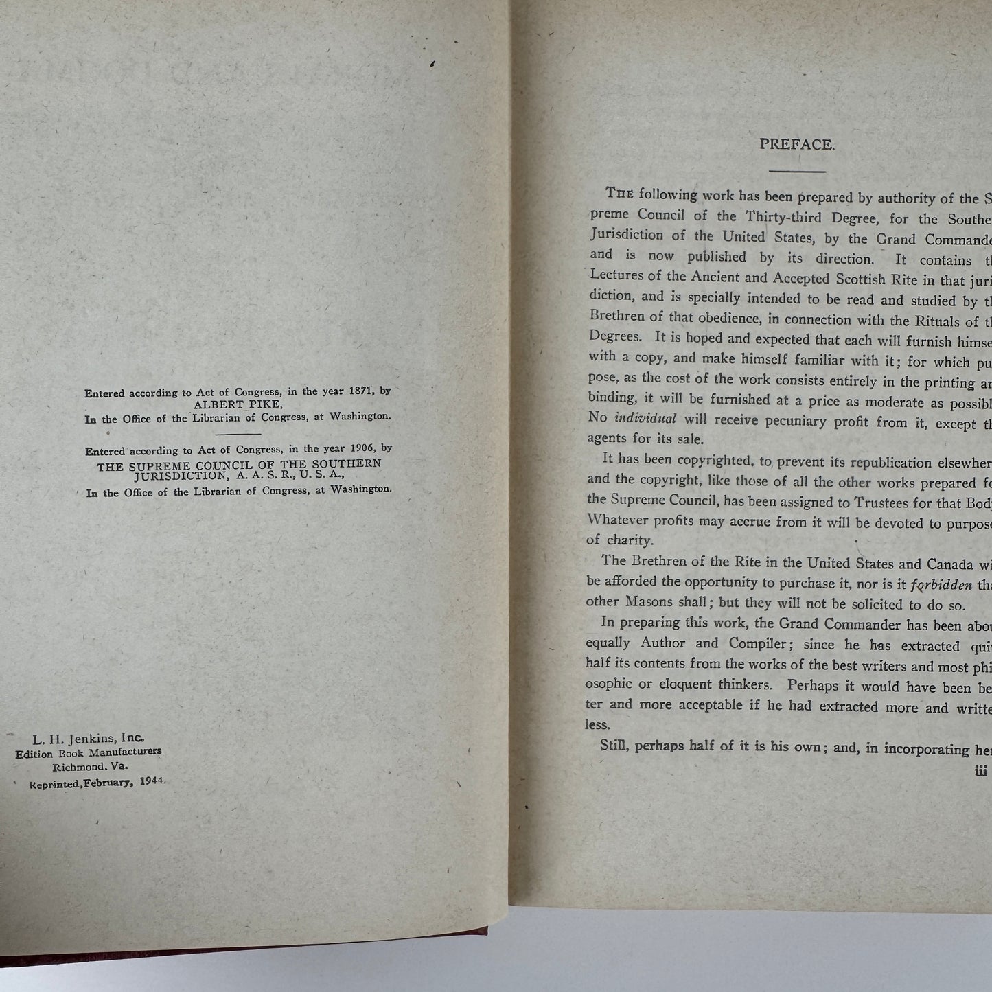 Morals and Dogma of the Ancient and Accepted Scottish Rite of Freemasonry — 1944 Hardcover