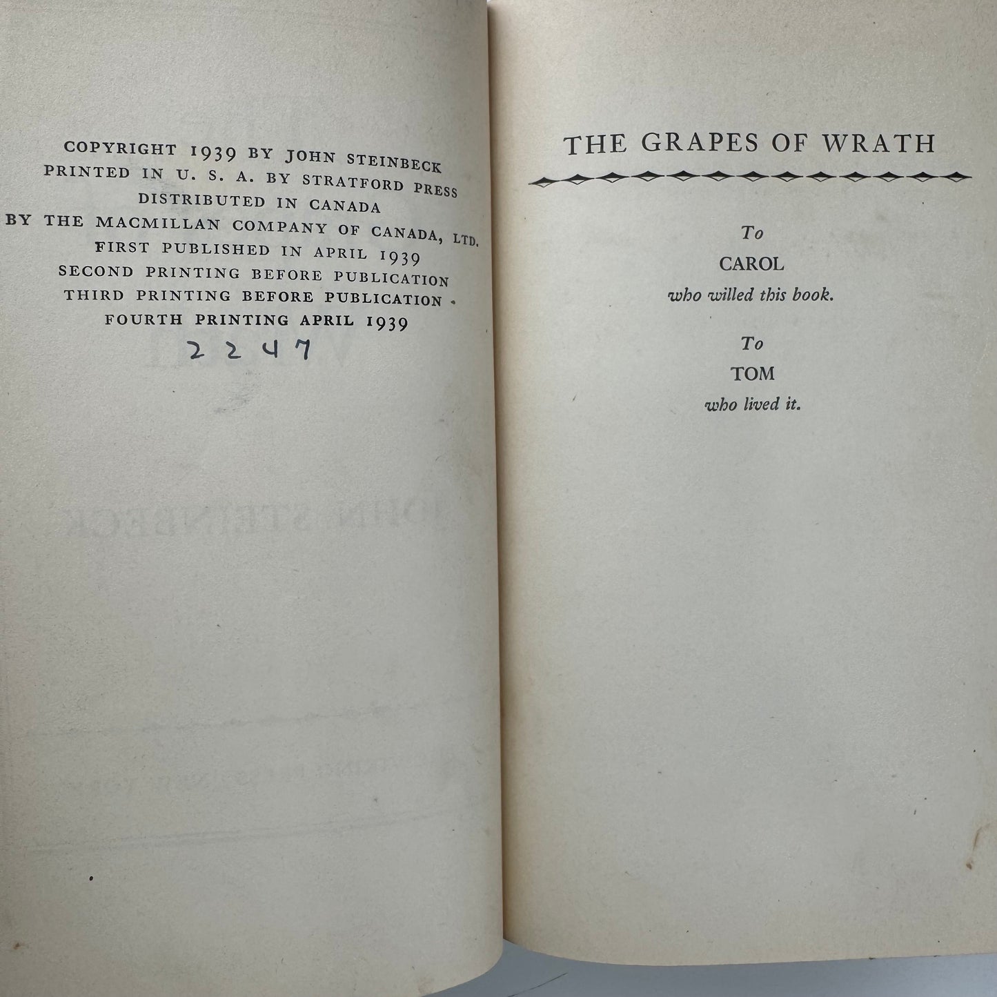 The Grapes of Wrath, John Steinbeck, 1939 Fourth Printing Hardcover