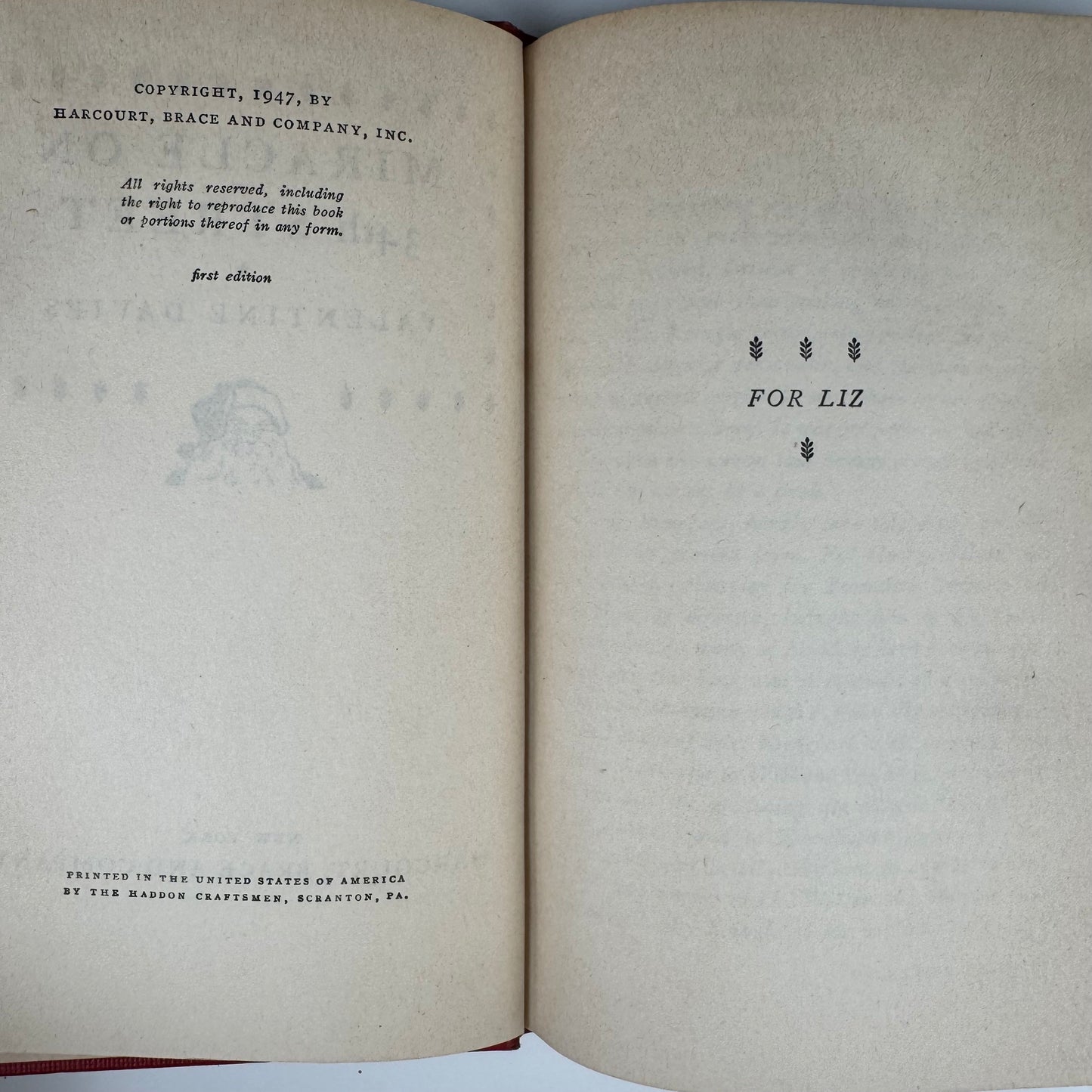 Miracle on 34th Street, Valentine Davies, First Edition, 1947 Hardcover with Dust jacket