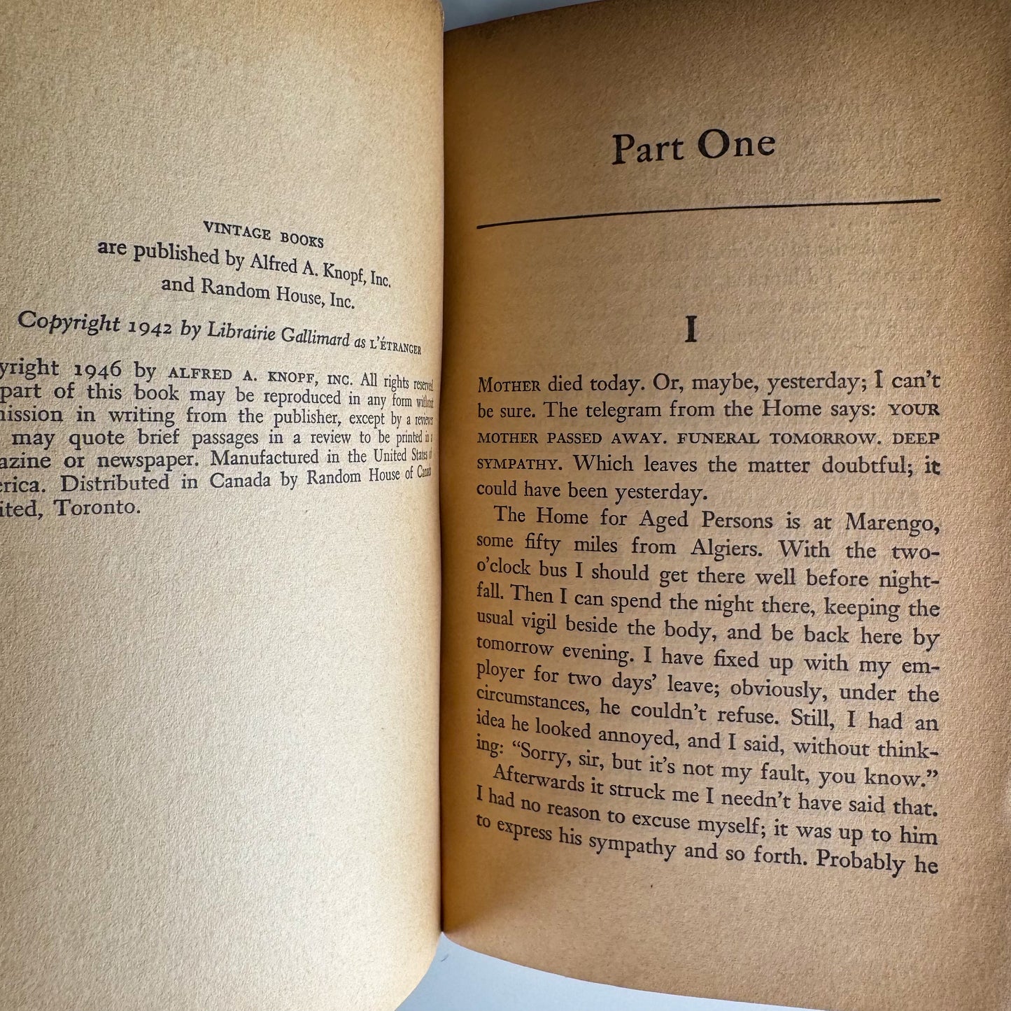 The Stranger, Albert Camus, A Vintage Book, V-2, 1946 Paperback