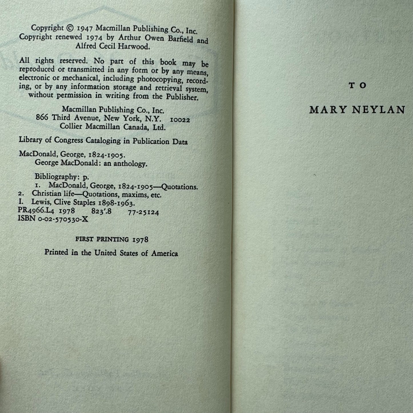 George MacDonald: An Anthology, Edited by C.S. Lewis, First Printing, 1978