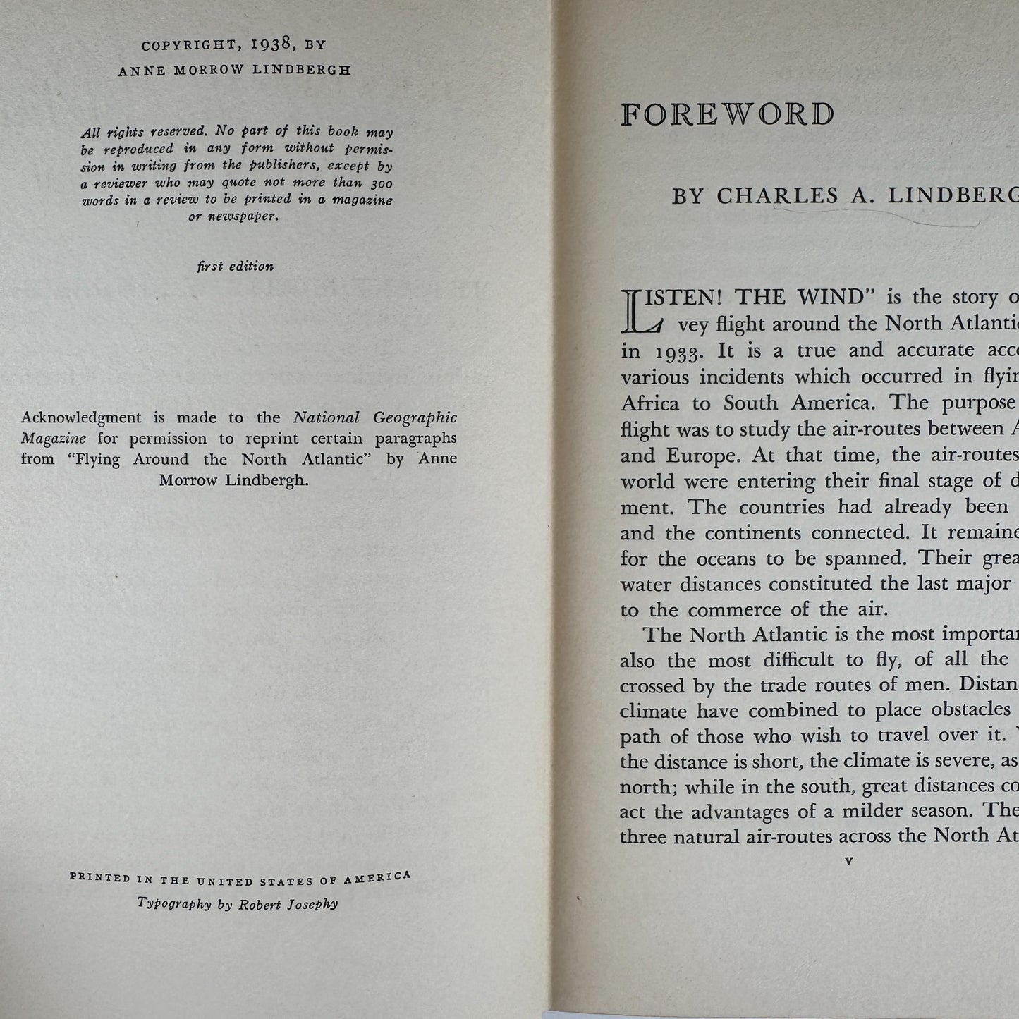 Listen! The Wind, Anne Morrow Lindbergh, 1st Ed., 1938