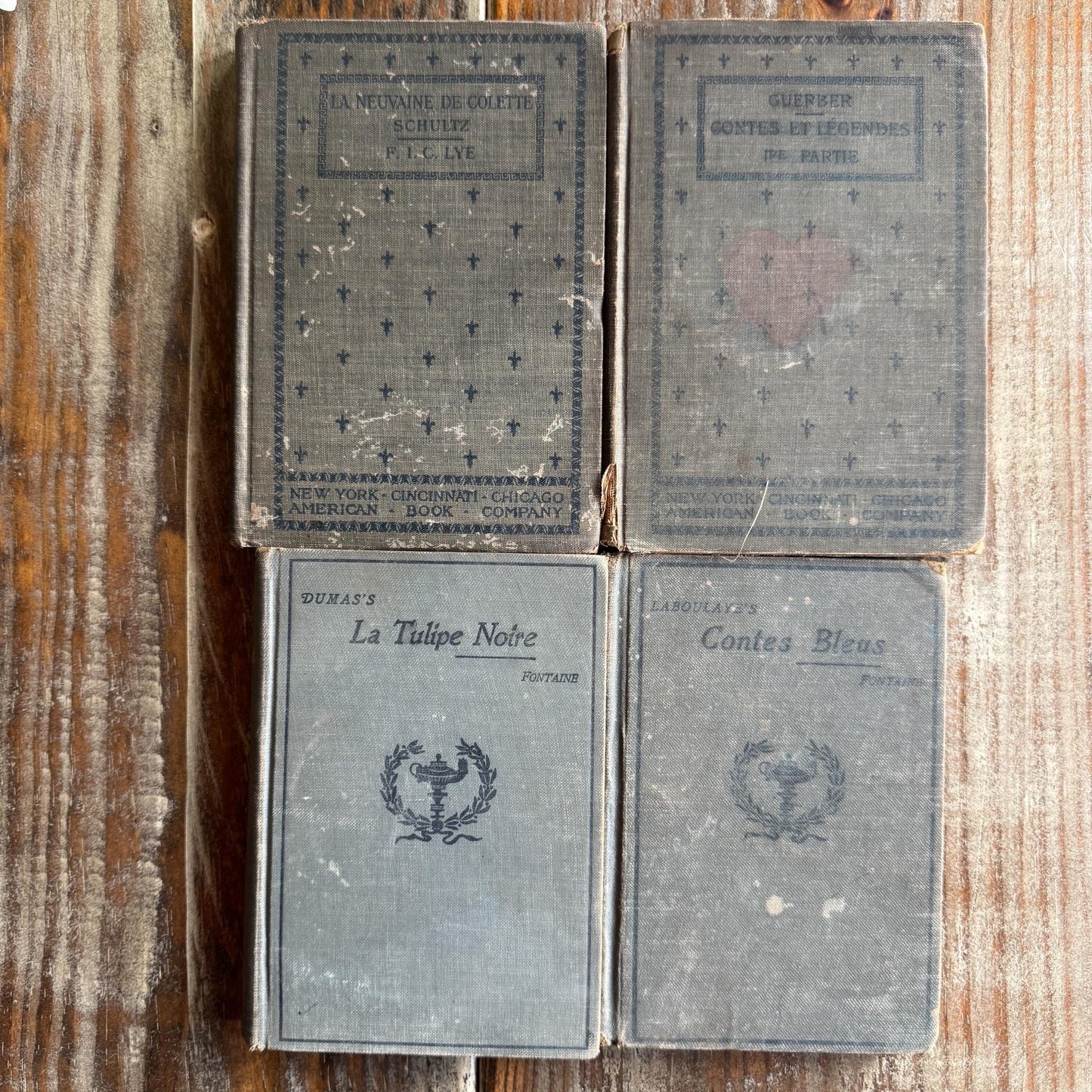 Antique Blue and Green French School Book Bundle For Decor - Pretty Old Books