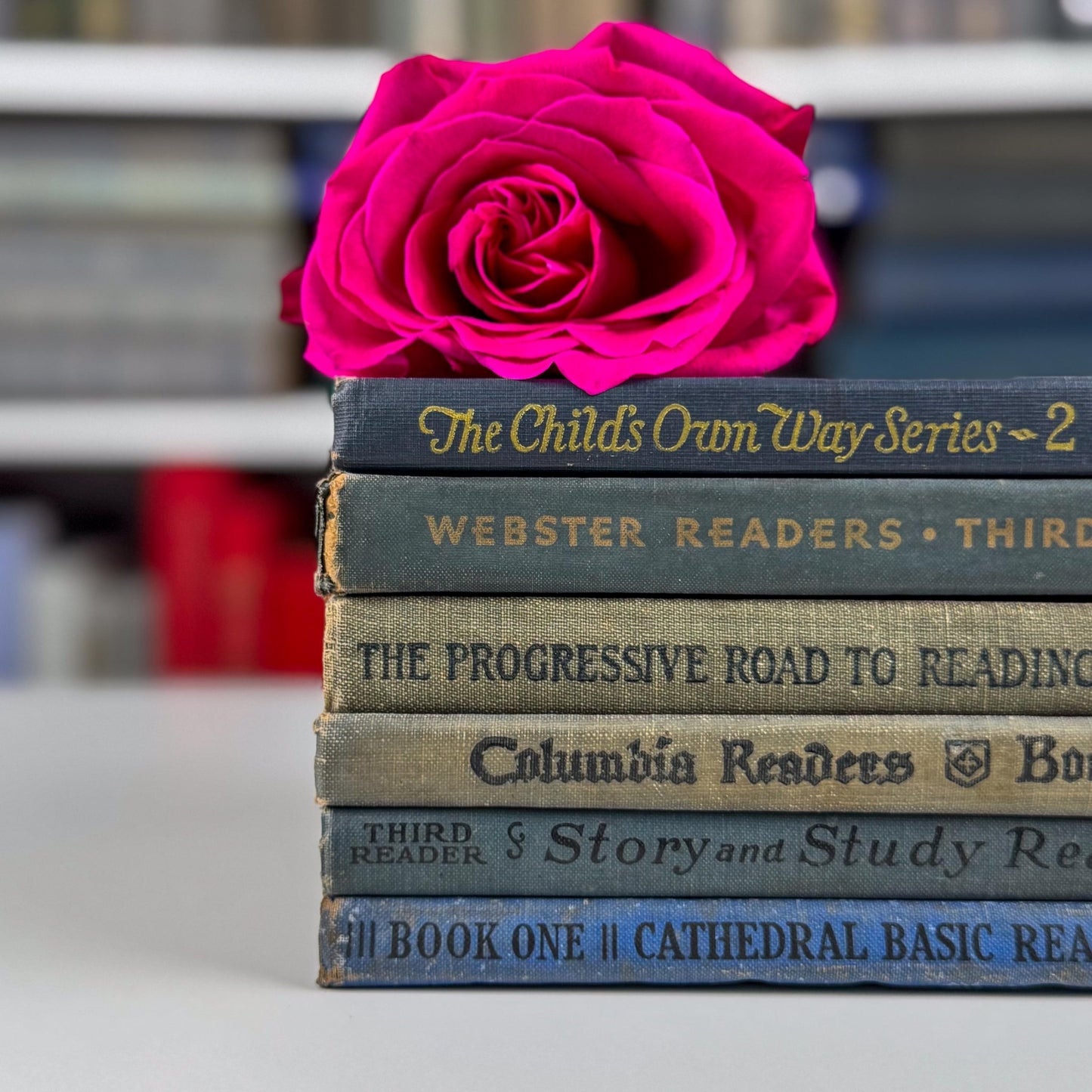 Antique Blue School Book Bundle, 1920s and 1930s Early Readers and Primers, School Shelf Styling - Pretty Old Books