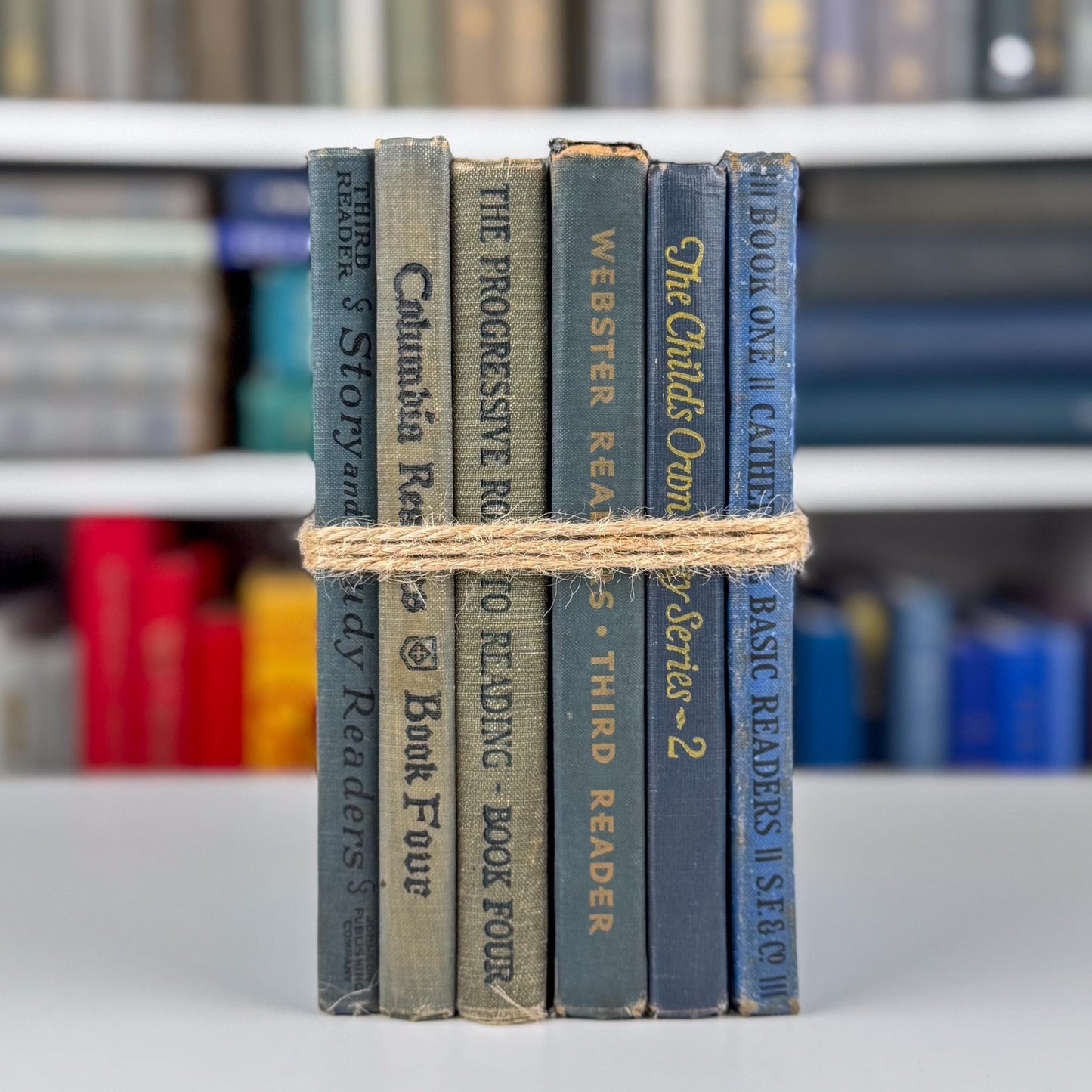 Antique Blue School Book Bundle, 1920s and 1930s Early Readers and Primers, School Shelf Styling - Pretty Old Books