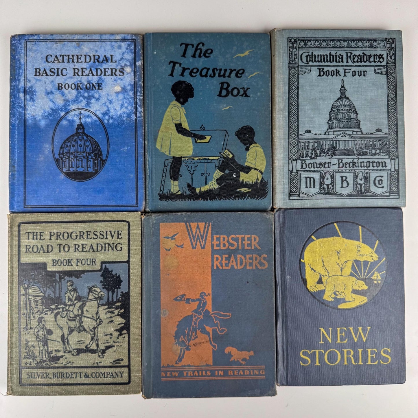 Antique Blue School Book Bundle, 1920s and 1930s Early Readers and Primers, School Shelf Styling - Pretty Old Books