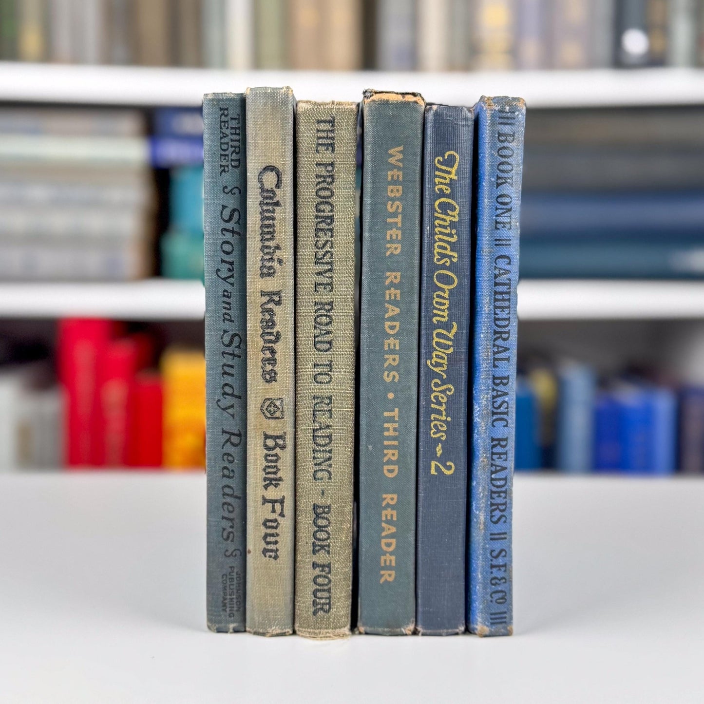 Antique Blue School Book Bundle, 1920s and 1930s Early Readers and Primers, School Shelf Styling - Pretty Old Books
