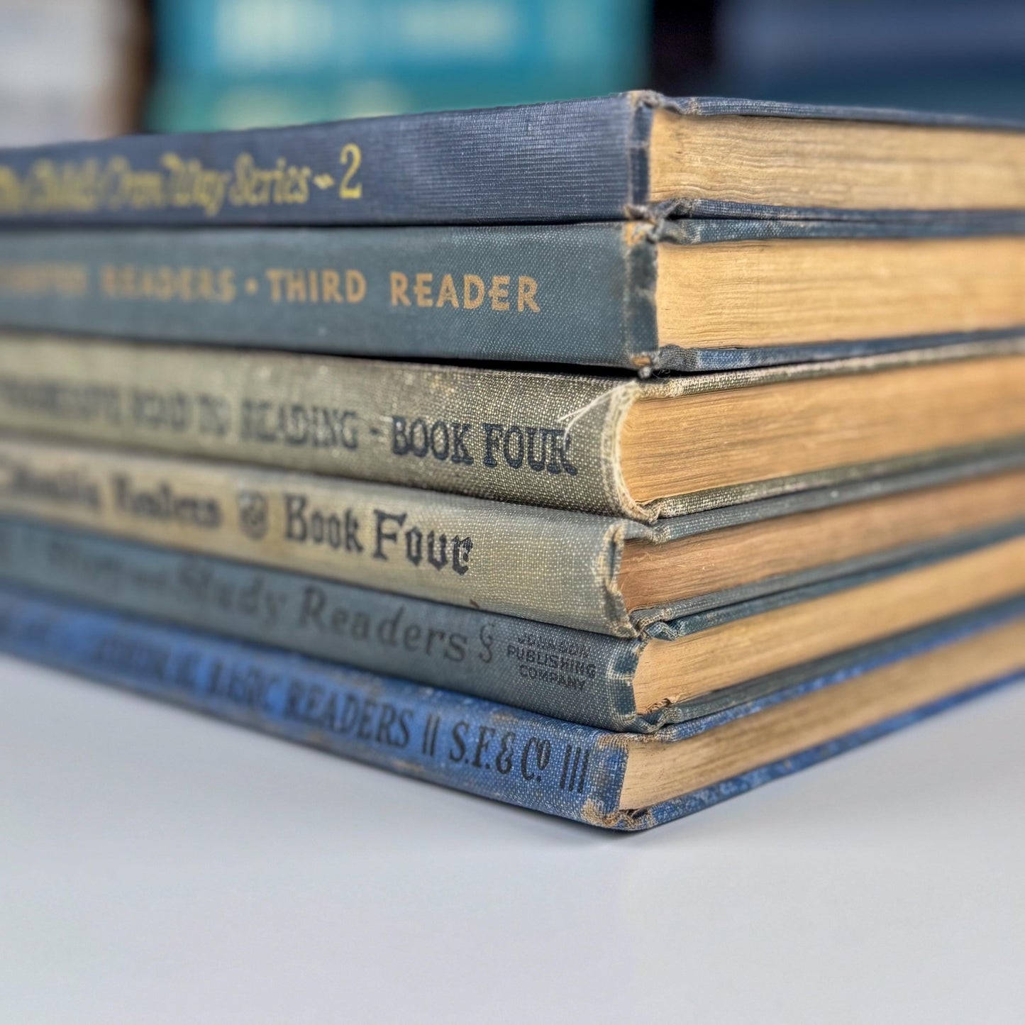 Antique Blue School Book Bundle, 1920s and 1930s Early Readers and Primers, School Shelf Styling - Pretty Old Books