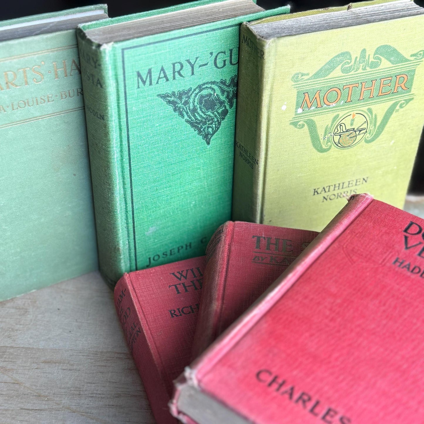 Antique Red and Green Book Set for Christmas Decor, Holiday Mantel, Shelf Styling - Pretty Old Books