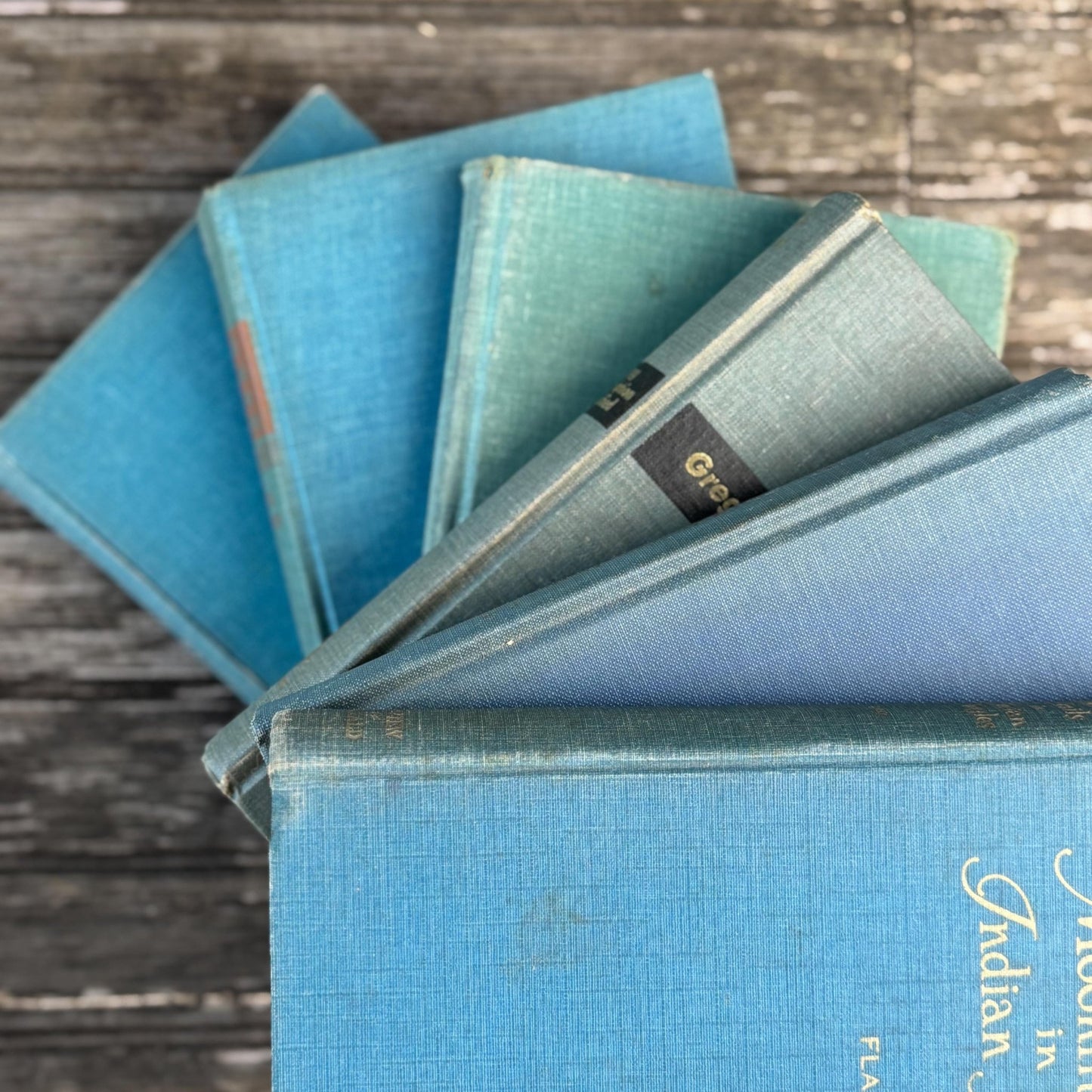 Aqua and Denim Blue Vintage Book Stack for Shelf Styling and Decorating - Pretty Old Books