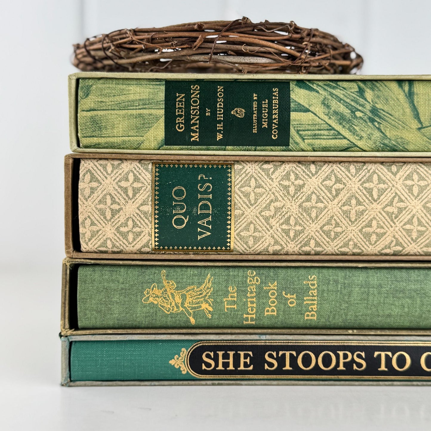 Beige and Green Heritage Press, 1950s Mid Century Books for Bookshelf Decor - Pretty Old Books