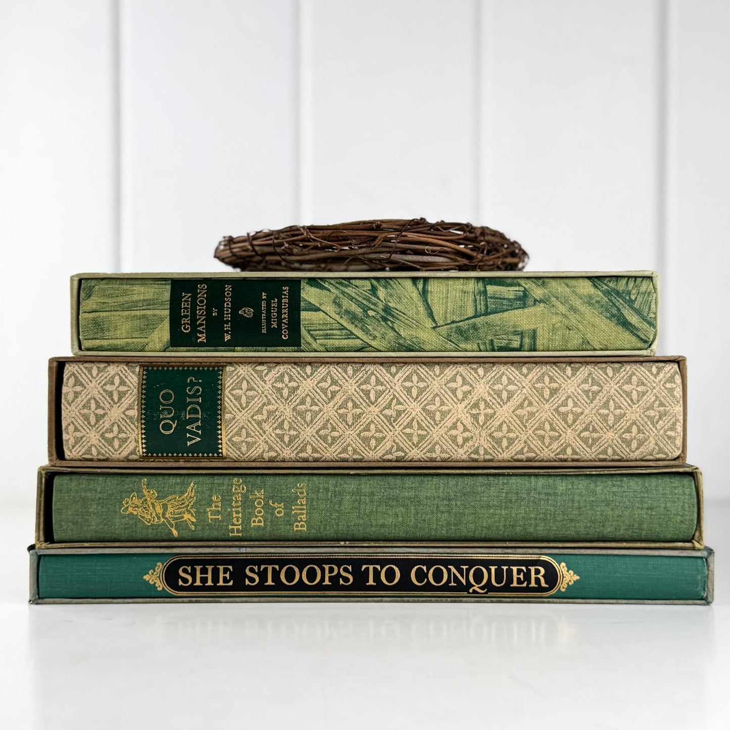 Beige and Green Heritage Press, 1950s Mid Century Books for Bookshelf Decor - Pretty Old Books