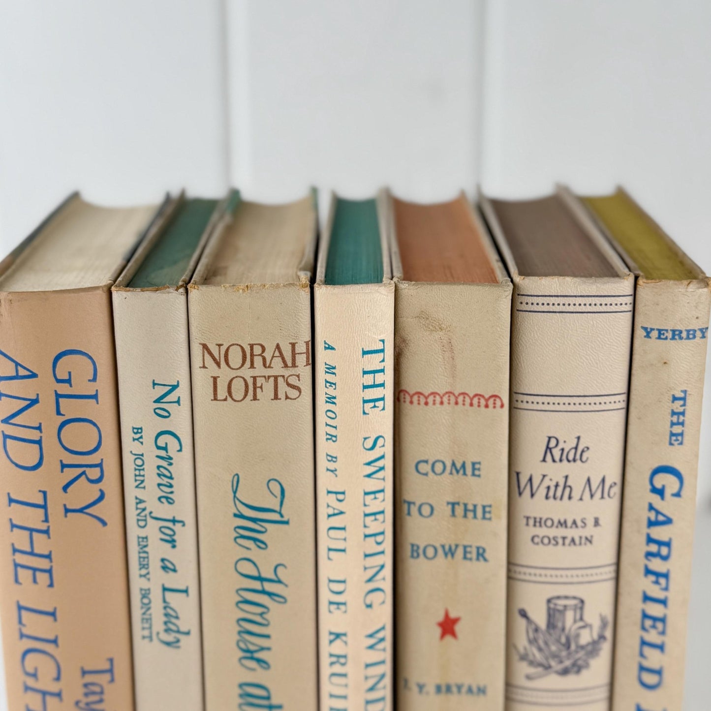 Beige Retro Decorative Books with Fun Blue - Green Lettering, 1970s Vintage Decor - Pretty Old Books