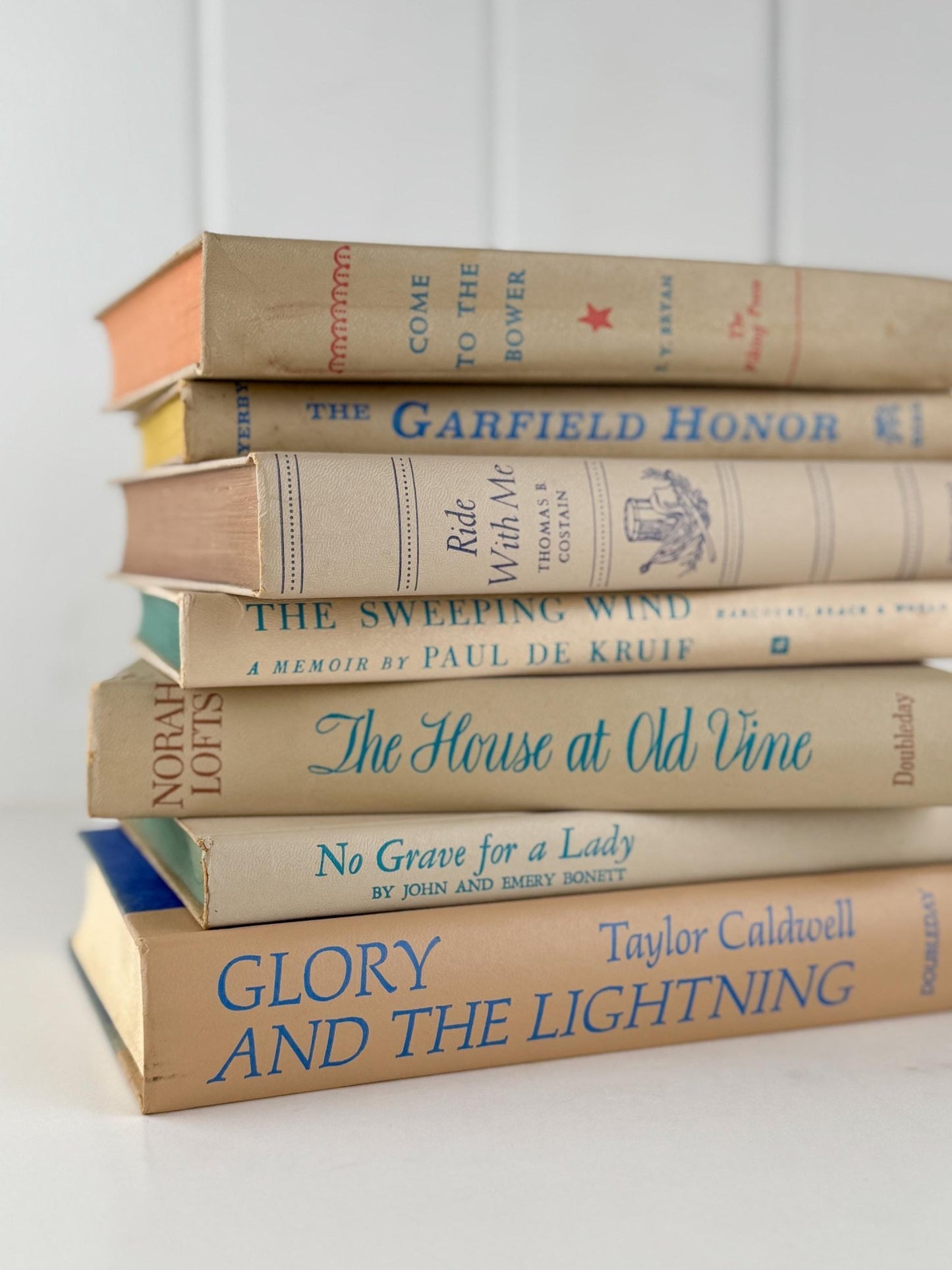 Beige Retro Decorative Books with Fun Blue - Green Lettering, 1970s Vintage Decor - Pretty Old Books
