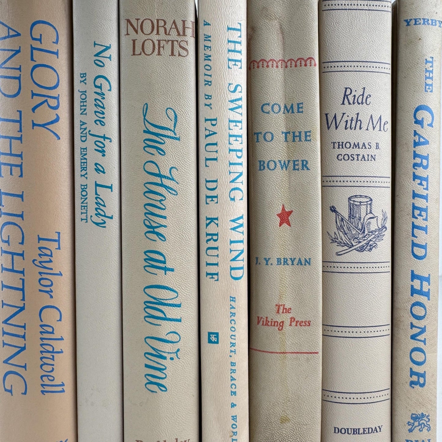 Beige Retro Decorative Books with Fun Blue - Green Lettering, 1970s Vintage Decor - Pretty Old Books