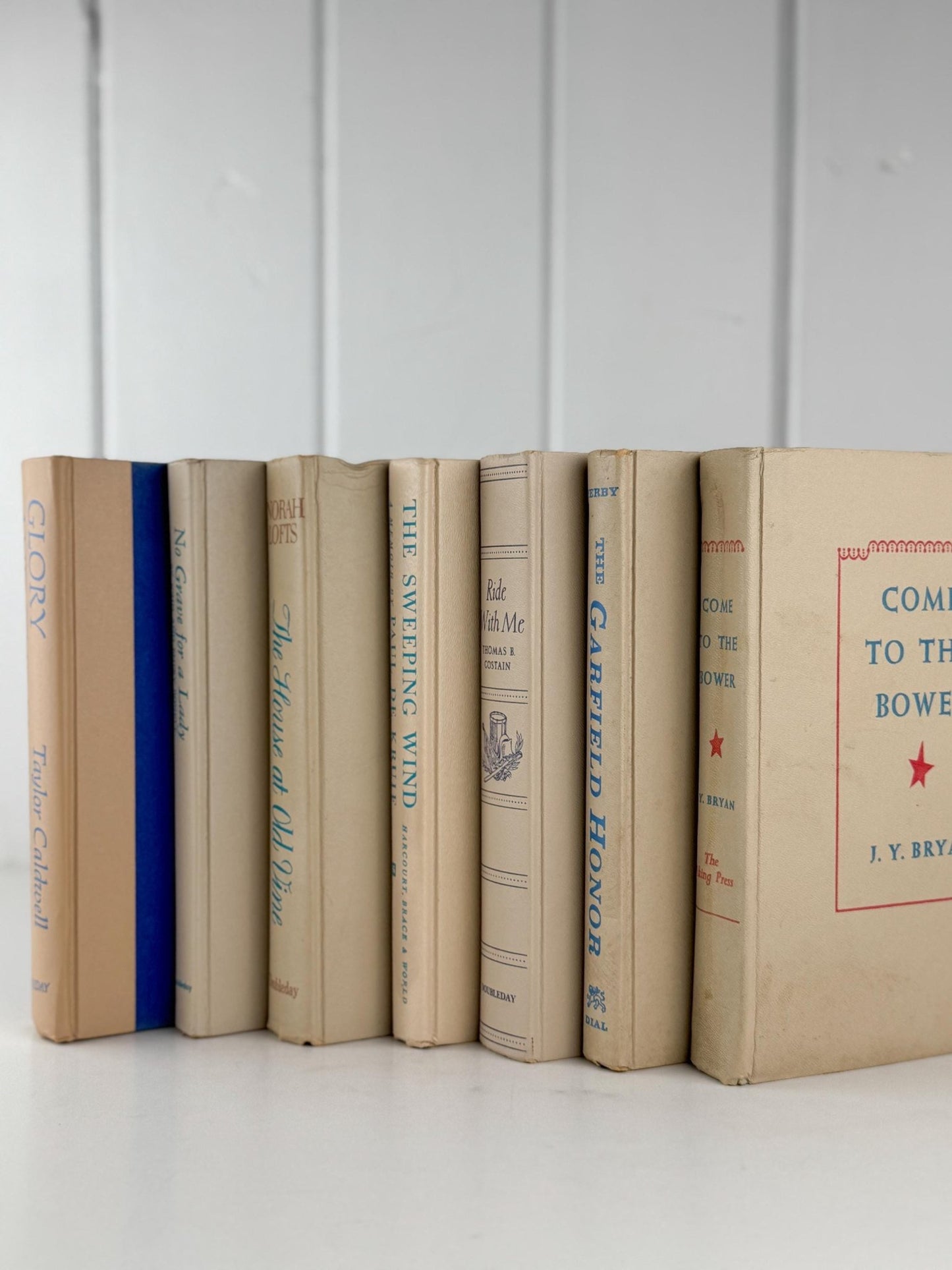 Beige Retro Decorative Books with Fun Blue - Green Lettering, 1970s Vintage Decor - Pretty Old Books