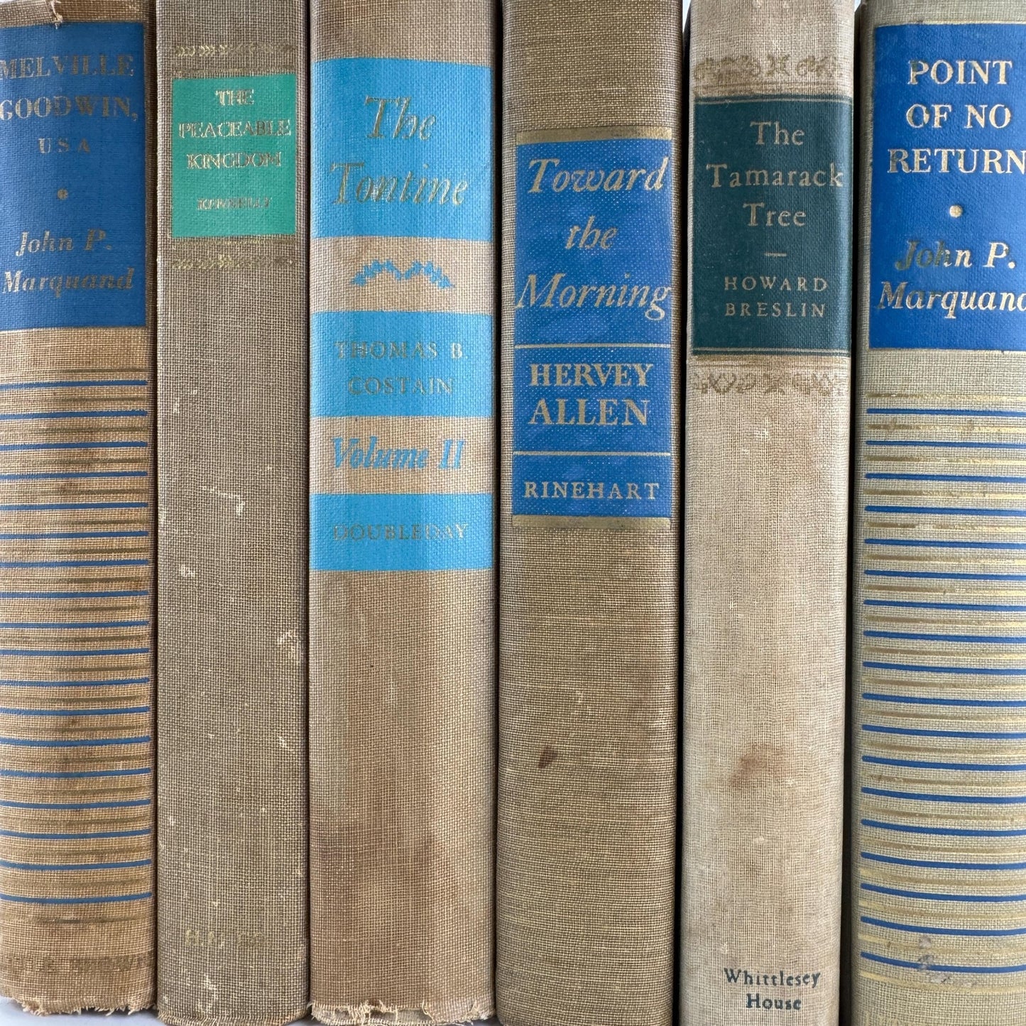 Beige Tan Blue Rustic Vintage Mid Century Book Bundle for Shelf Styling - Pretty Old Books