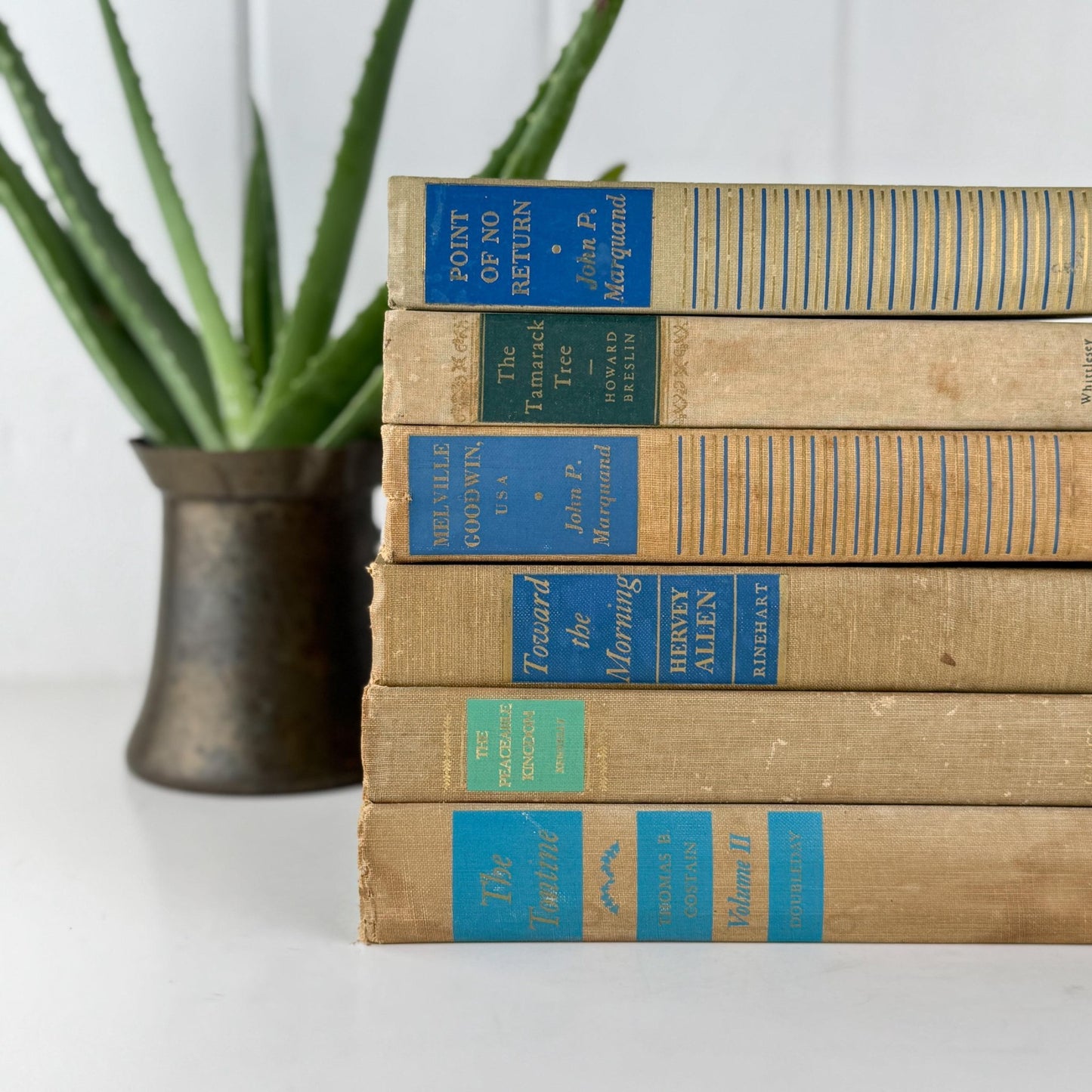 Beige Tan Blue Rustic Vintage Mid Century Book Bundle for Shelf Styling - Pretty Old Books
