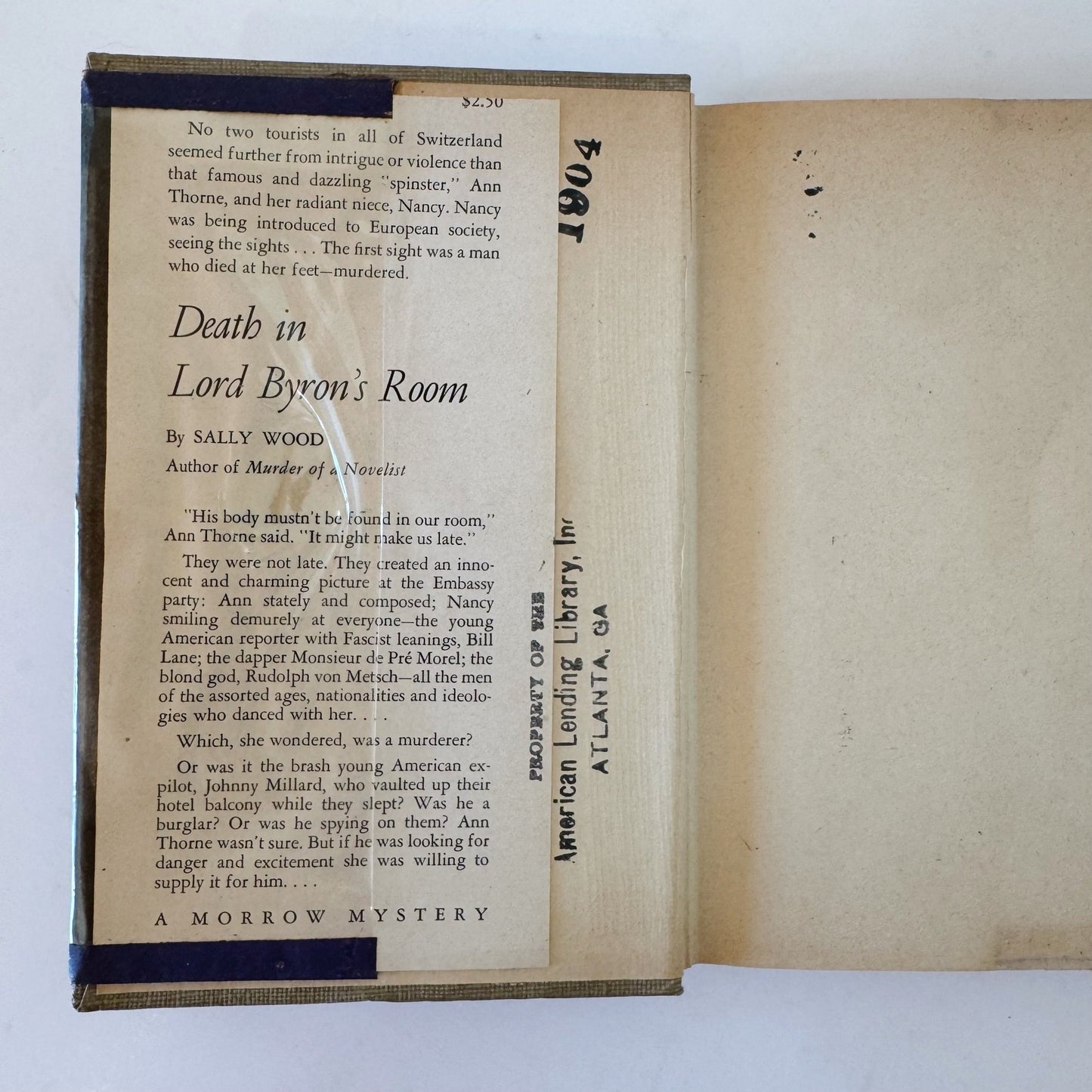 Death in Lord Byron's Room, Sally Wood, 1948 Morrow Mystery Hardcover w/Jacket - Pretty Old Books