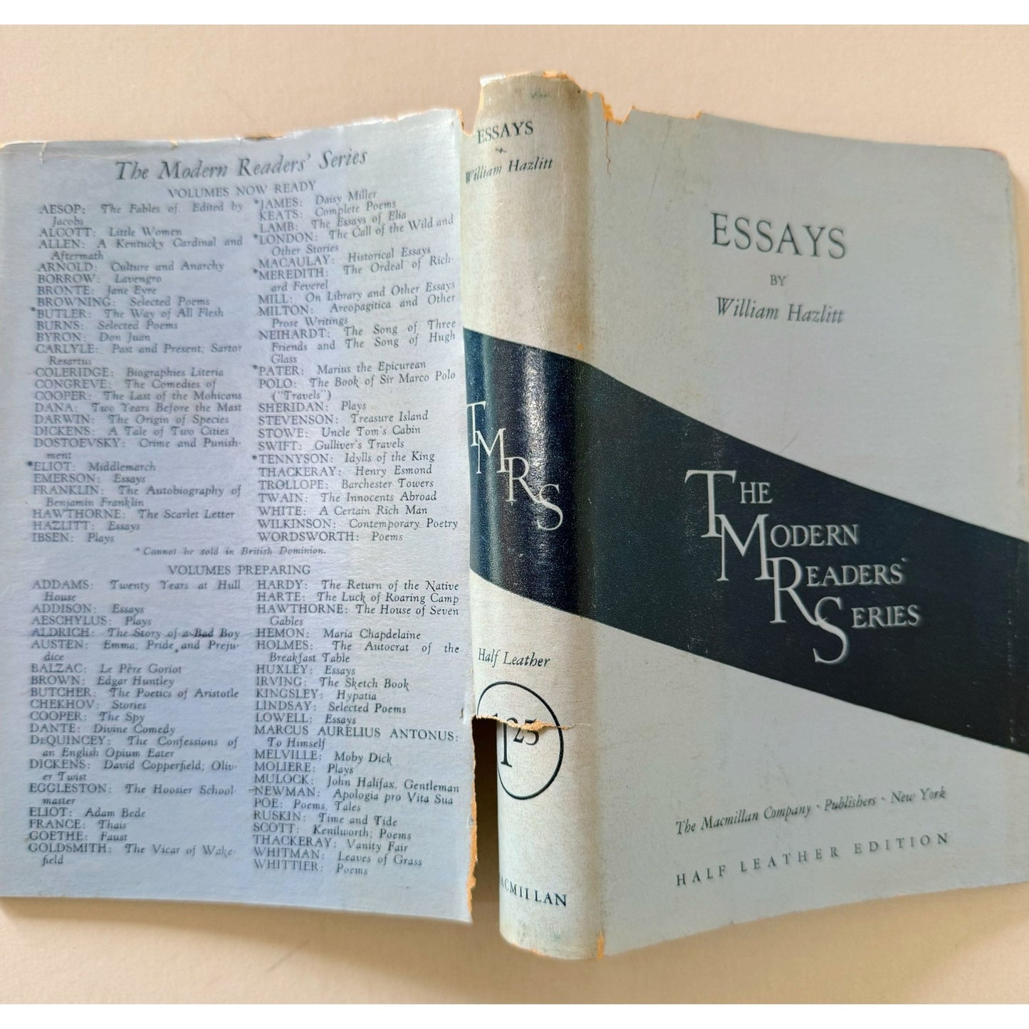 Essays by William Hazlitt, The Modern Readers' Series, Half Leather With Jacket, 1926 - Pretty Old Books