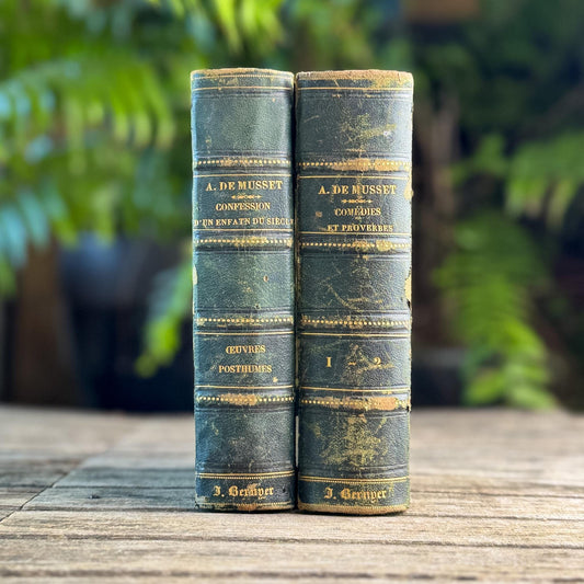 French Antique Alfred de Musset Book Set, 1863-1864, Dark Green Half Leather with Gilt Spines - Pretty Old Books