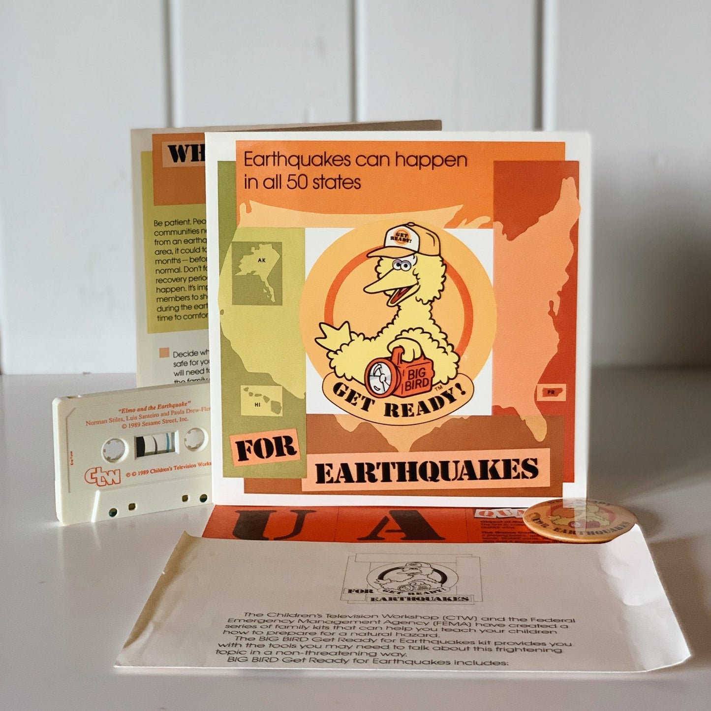 Get Ready For Earthquakes, Sesame Street Educational FEMA Kit, Games, Button, Cassette Tape - Pretty Old Books