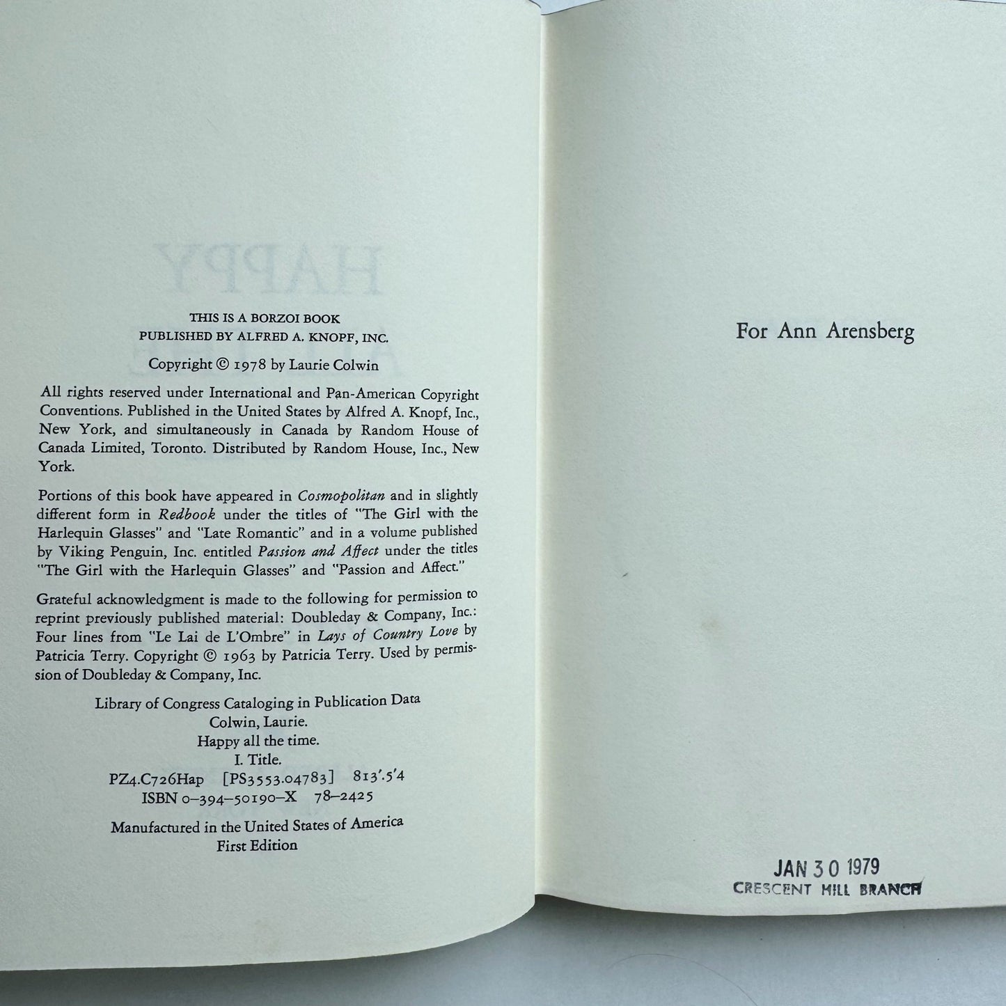 Happy All the Time, Laurie Colwin, 1978 First Edition - Pretty Old Books