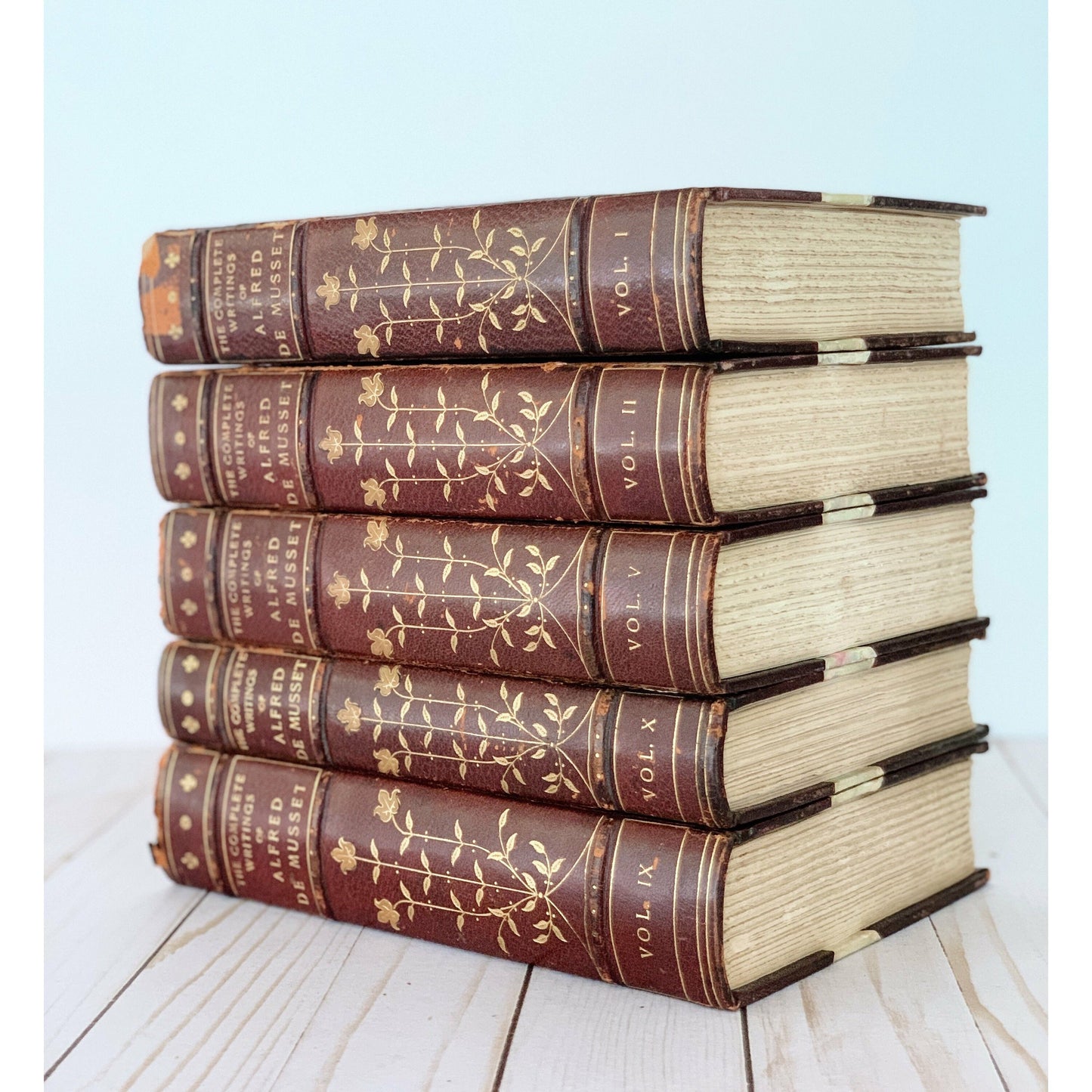 Antique Red Leather Books Alfred De Musset Book Set, Old Books for Bookshelf Decor 1905