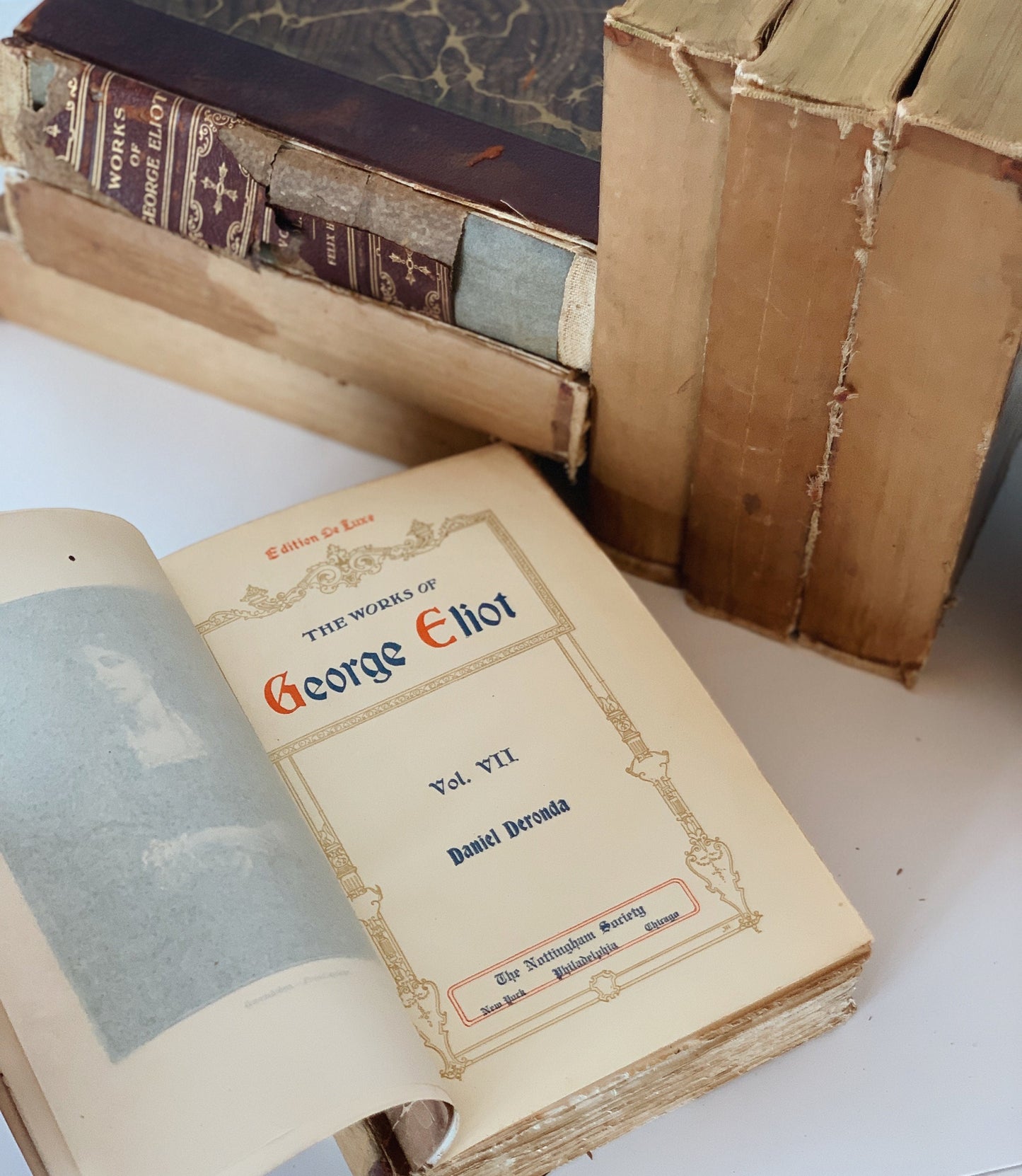 Unbound and Distressed Books for Decor - The Works of George Eliot, Nottingham Society, 8 Volume Complete Set, 1800s