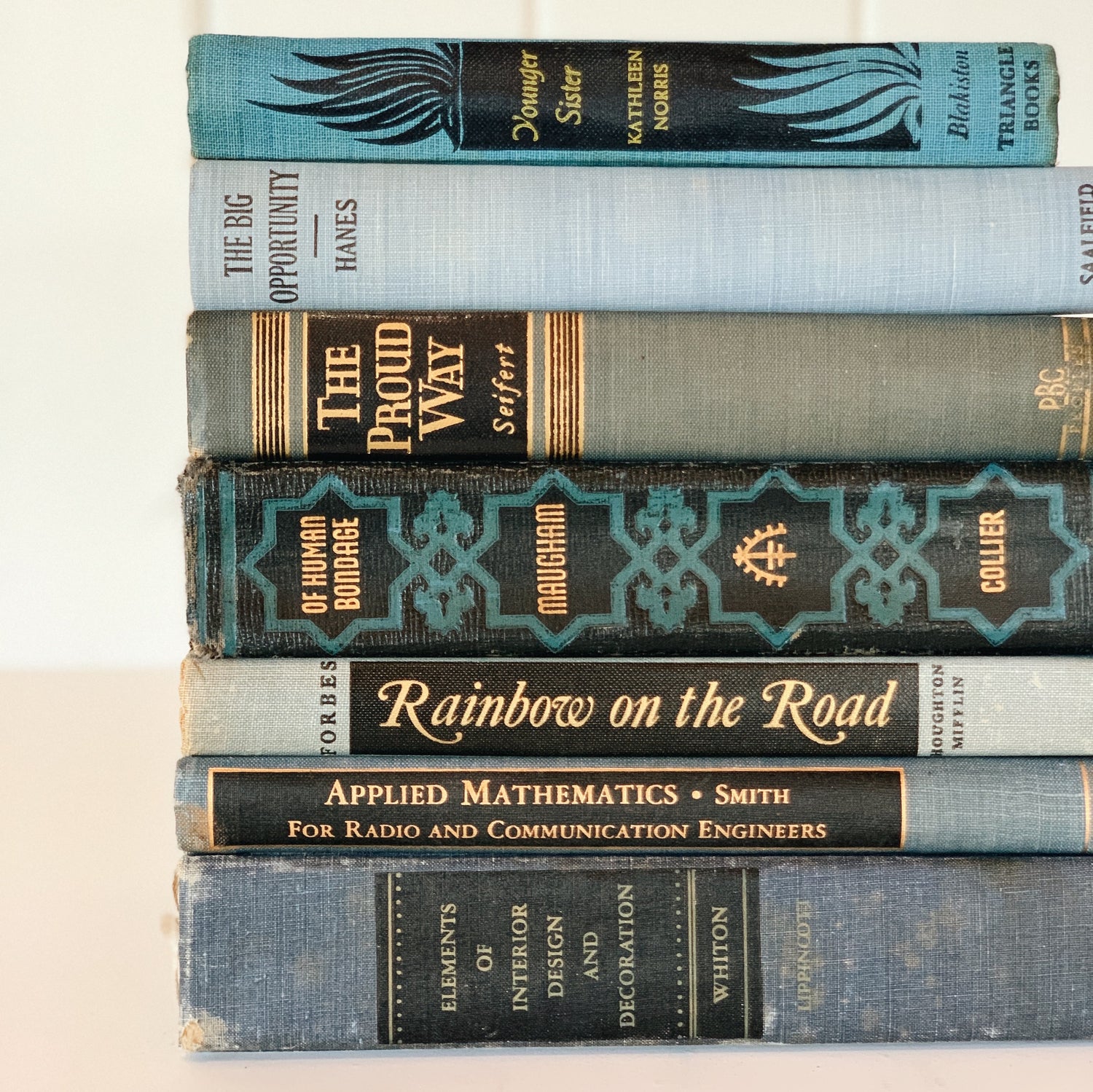Blue and Black Vintage Decorative Books for Shelf Styling and Mid-Century Modern Decor