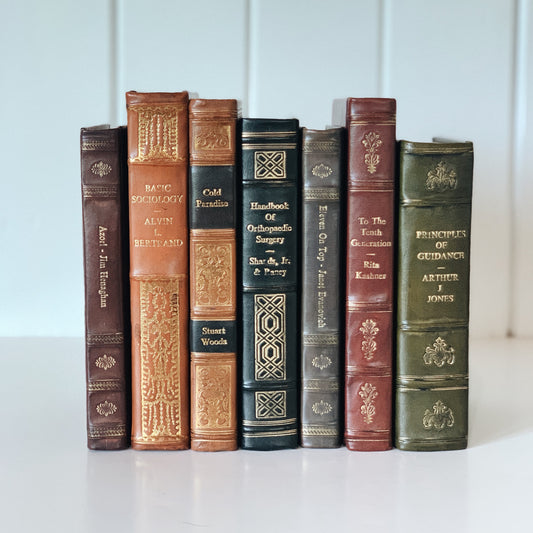 Vintage Leather-Bound Book Set, Black Brown and Red Leather Book Bundle for Shelf Styling, Handmade Decor