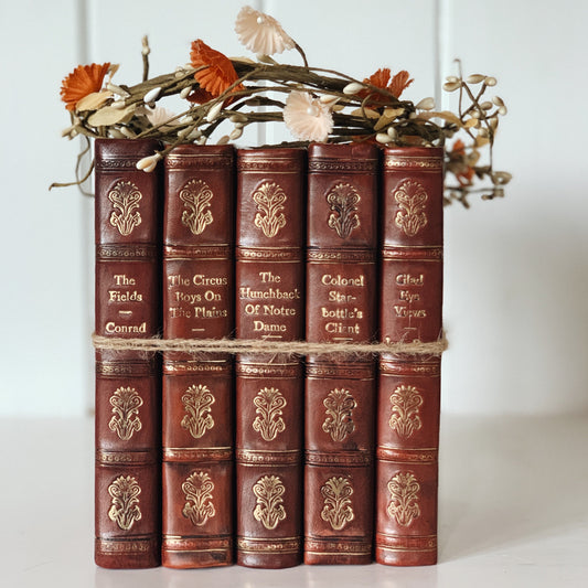 Vintage Leather-Bound Book Set, Mahogany Brown Leather Book Bundle for Shelf Styling, Handmade Decor
