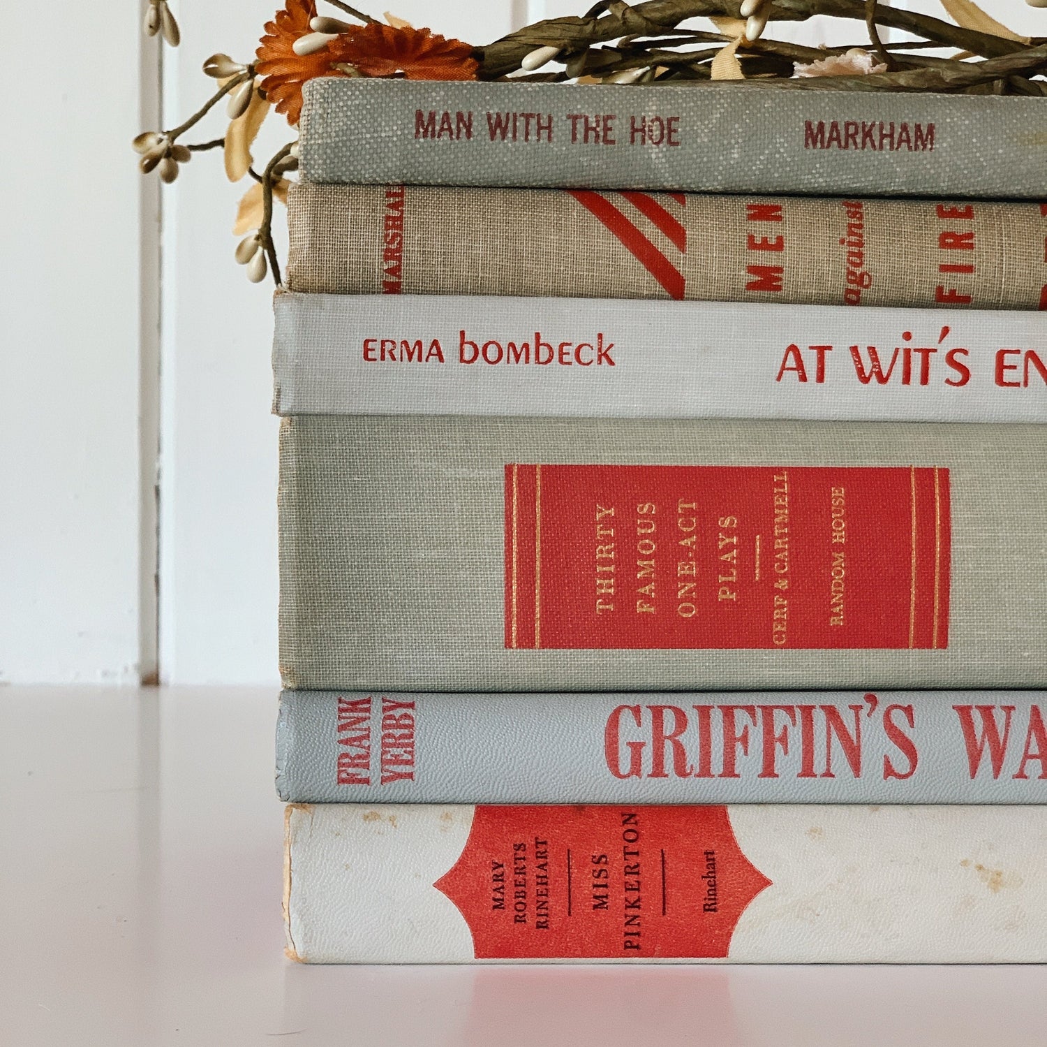 Vintage Gray and Red Book Set, Mid-Century Modern Books for Shelf Styling