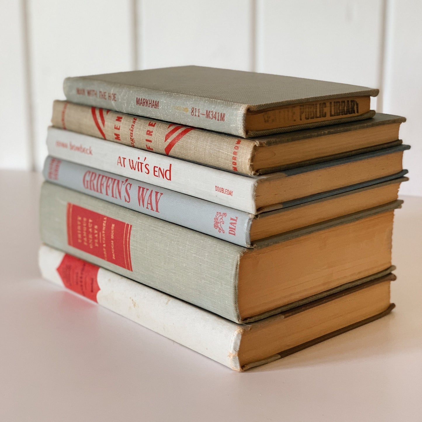 Vintage Gray and Red Book Set, Mid-Century Modern Books for Shelf Styling