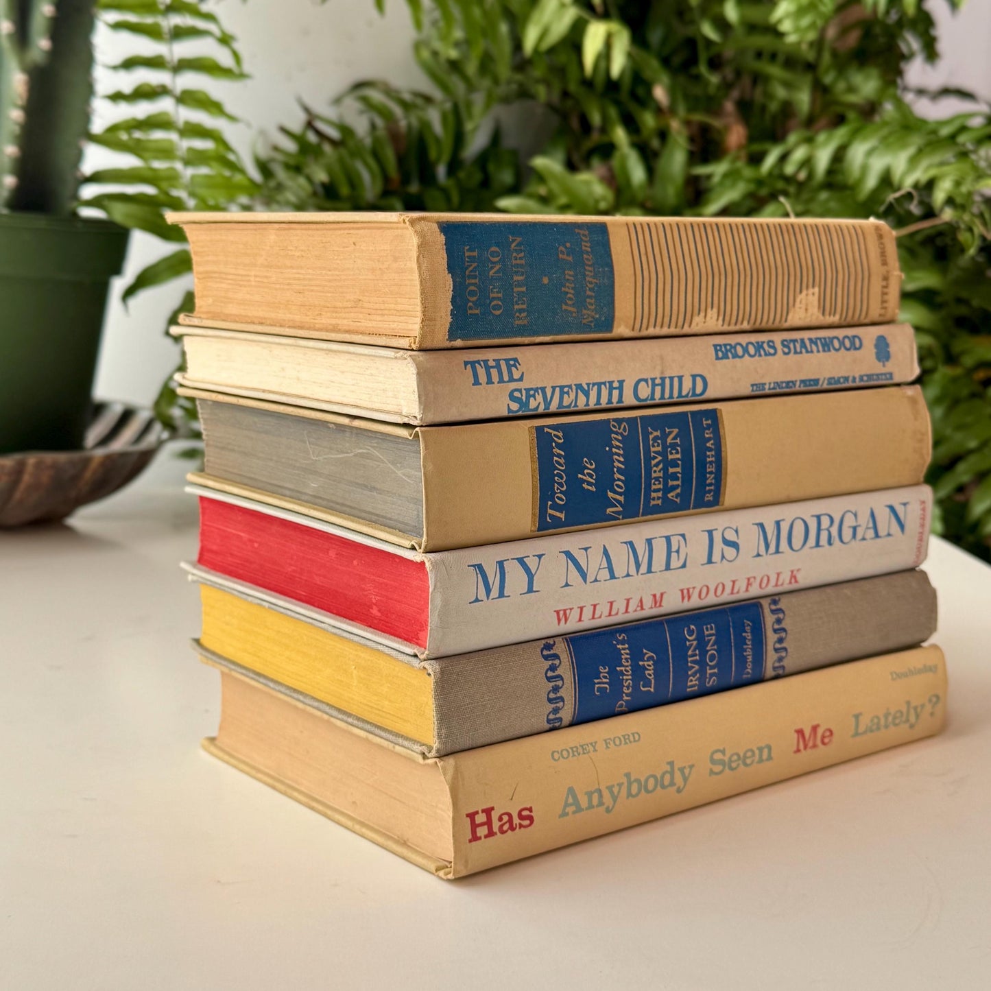 Beige Tan Cream Blue Vintage Mid Century Book Bundle for Shelf Styling