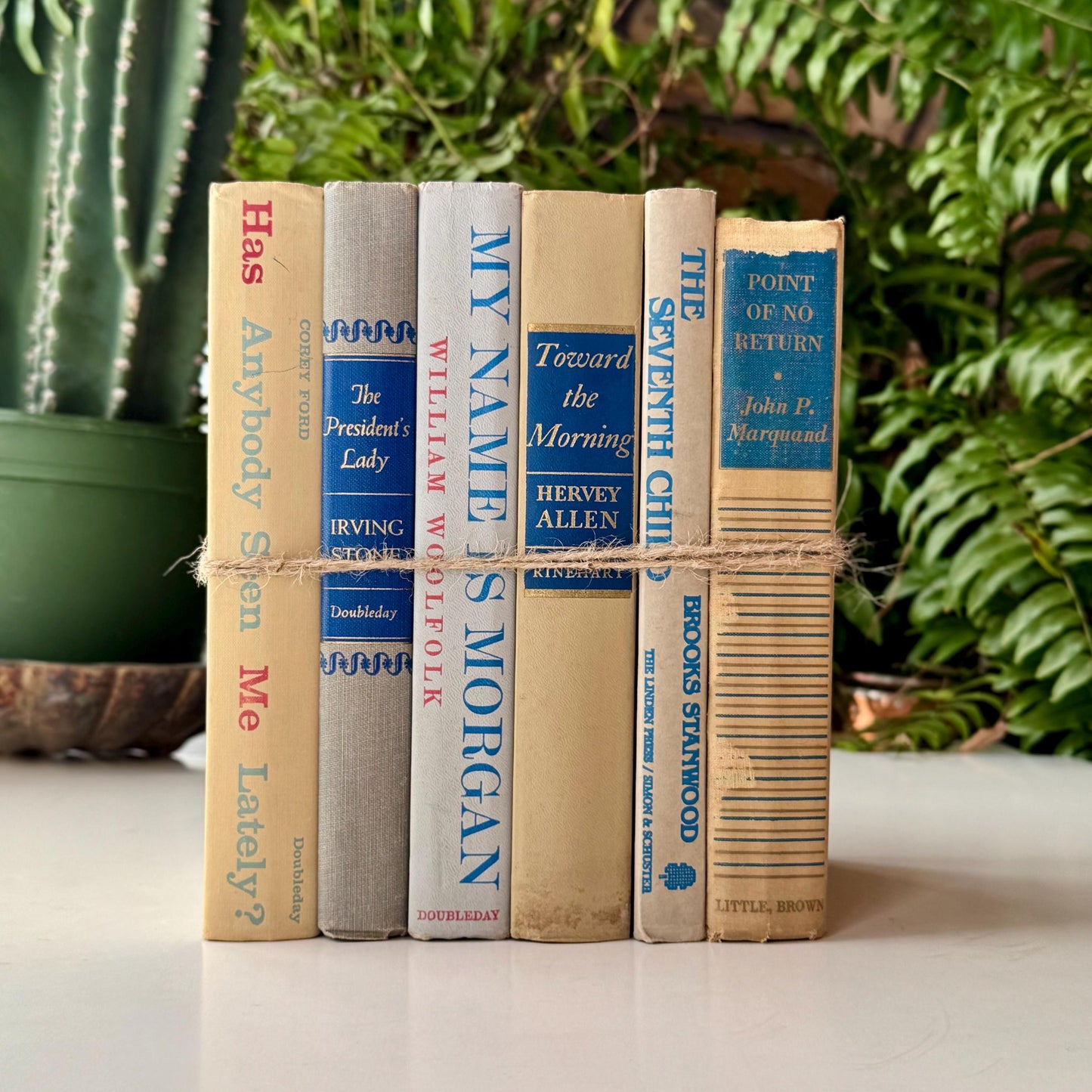 Beige Tan Cream Blue Vintage Mid Century Book Bundle for Shelf Styling