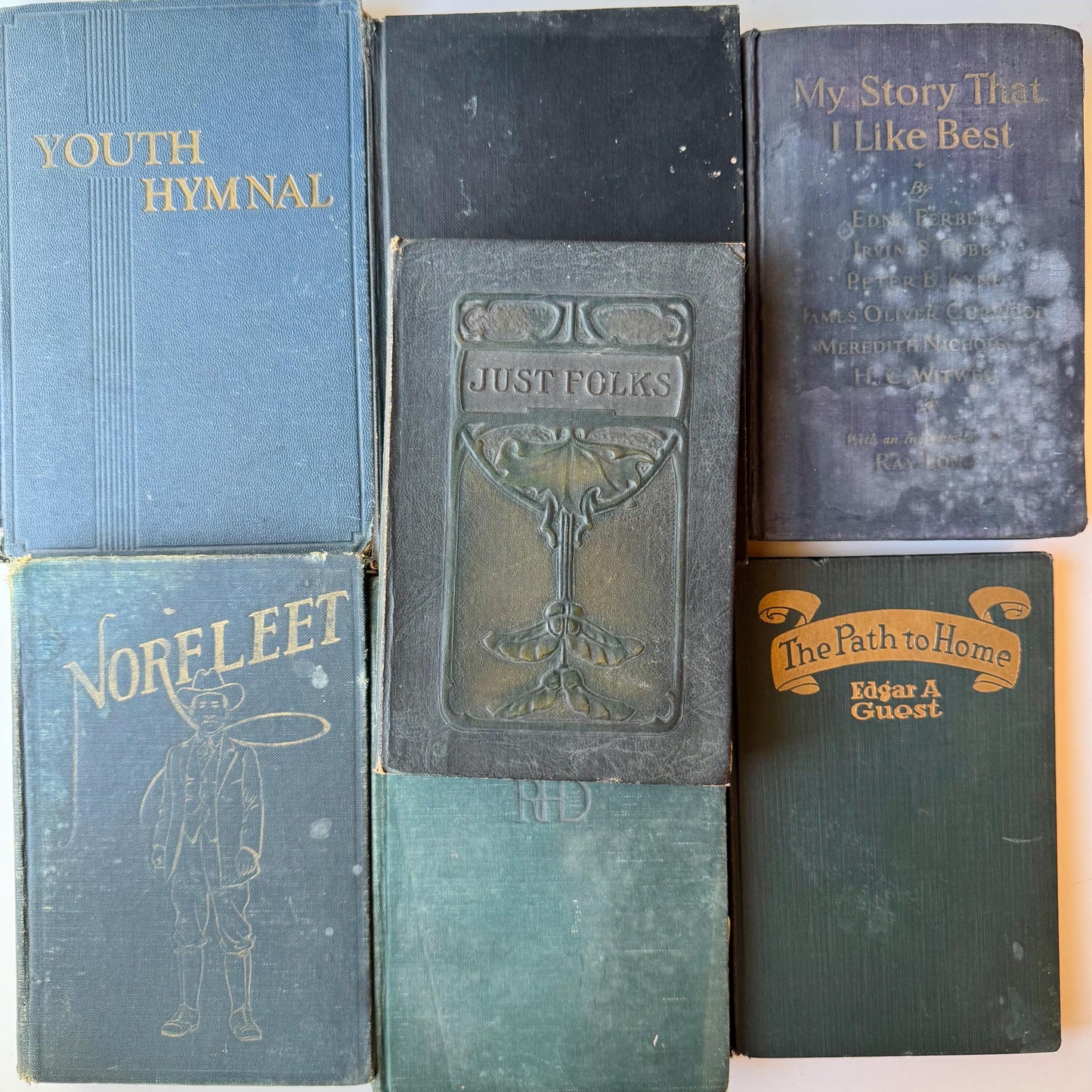 Shabby Green Blue Antique Books for Shelf Styling, No Lettering