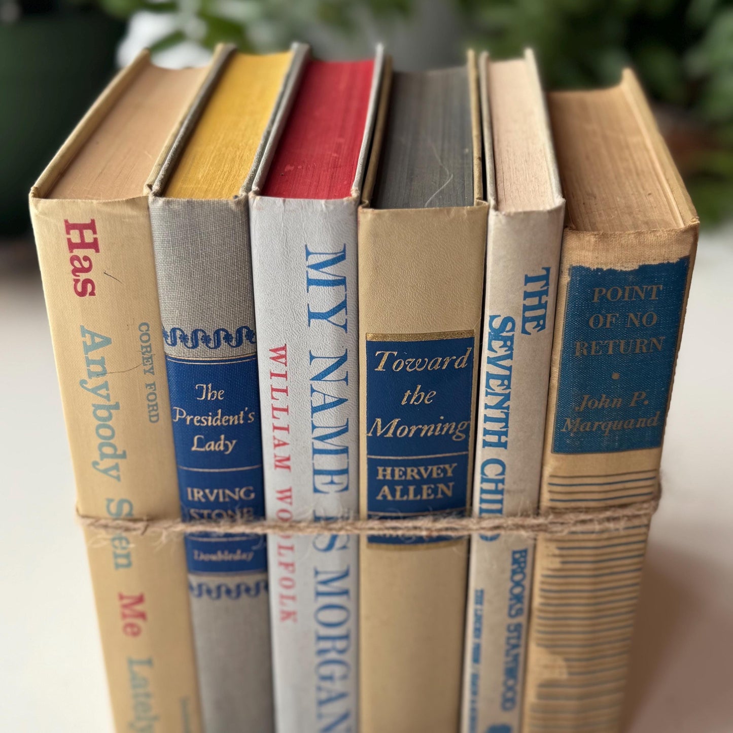 Beige Tan Cream Blue Vintage Mid Century Book Bundle for Shelf Styling