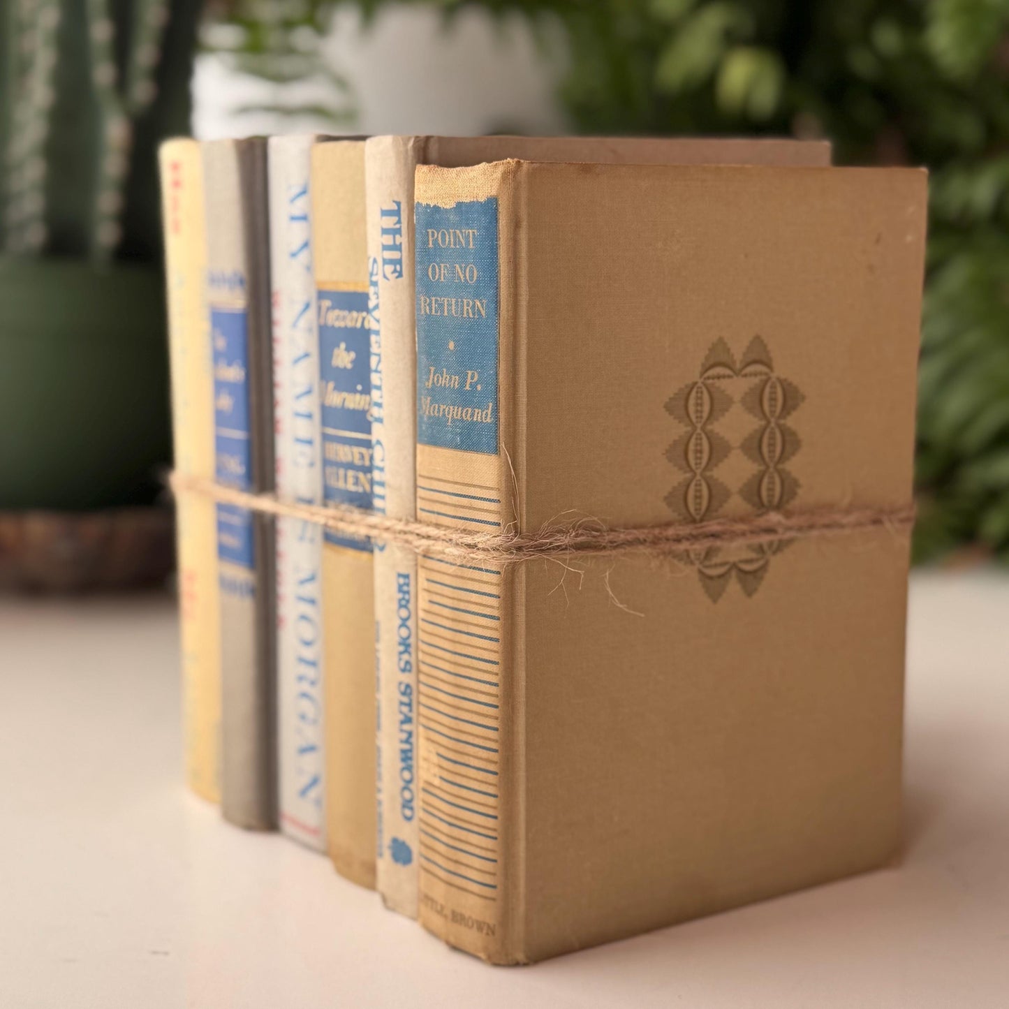 Beige Tan Cream Blue Vintage Mid Century Book Bundle for Shelf Styling