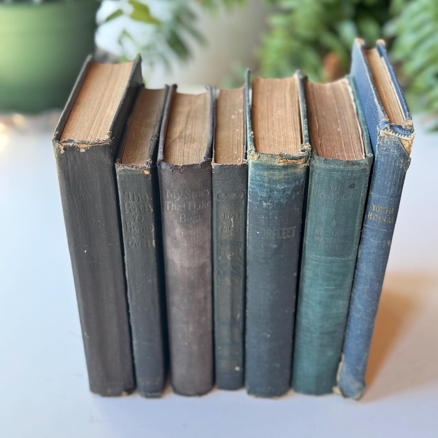 Shabby Green Blue Antique Books for Shelf Styling, No Lettering