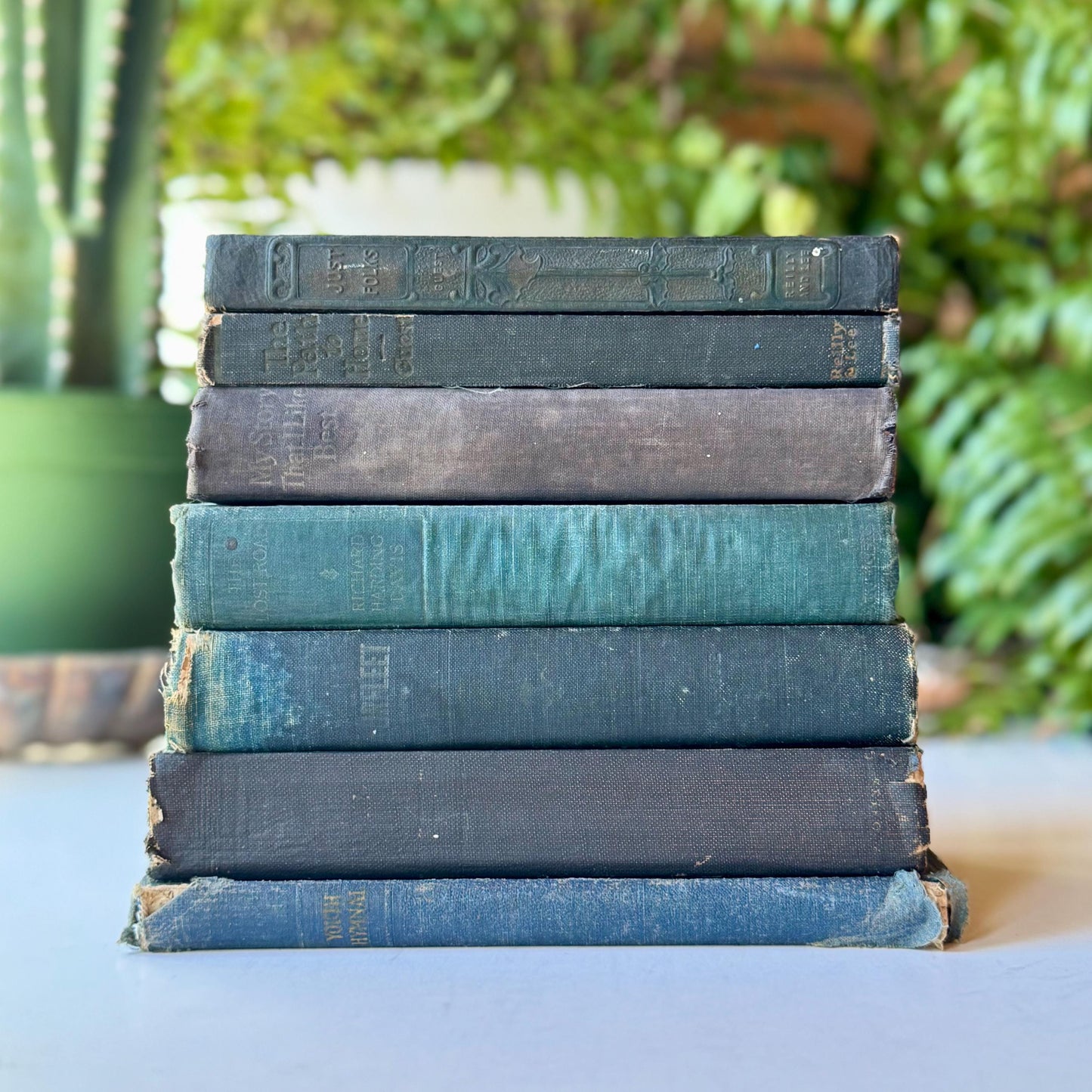 Shabby Green Blue Antique Books for Shelf Styling, No Lettering