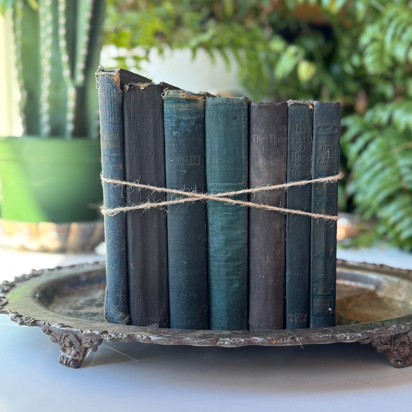 Shabby Green Blue Antique Books for Shelf Styling, No Lettering