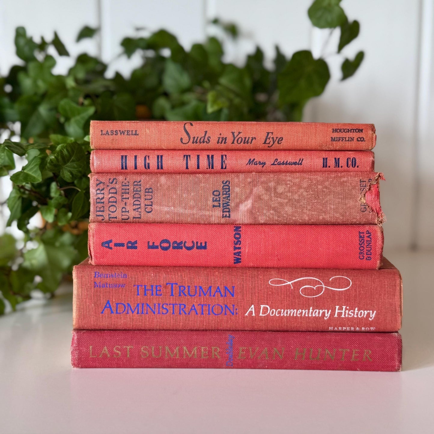 Vintage Red and Blue Mid-Century Modern Faded Decorative Books for Shabby Chic Decor