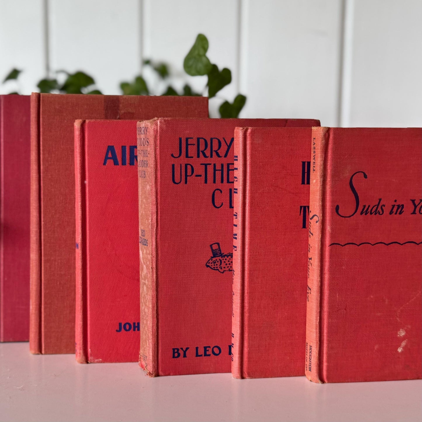 Vintage Red and Blue Mid-Century Modern Faded Decorative Books for Shabby Chic Decor