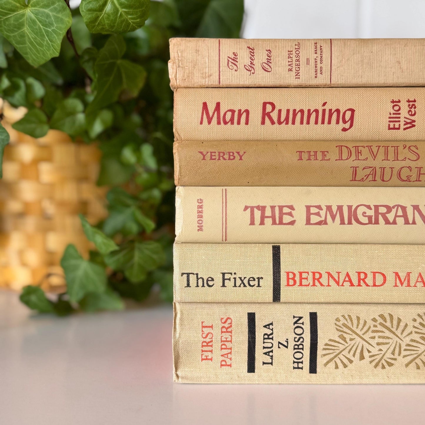 Beige Vintage Decorative Books, Masculine Mid-Century Beige and Red Book Bundle, Aesthetic Books for Office Decor