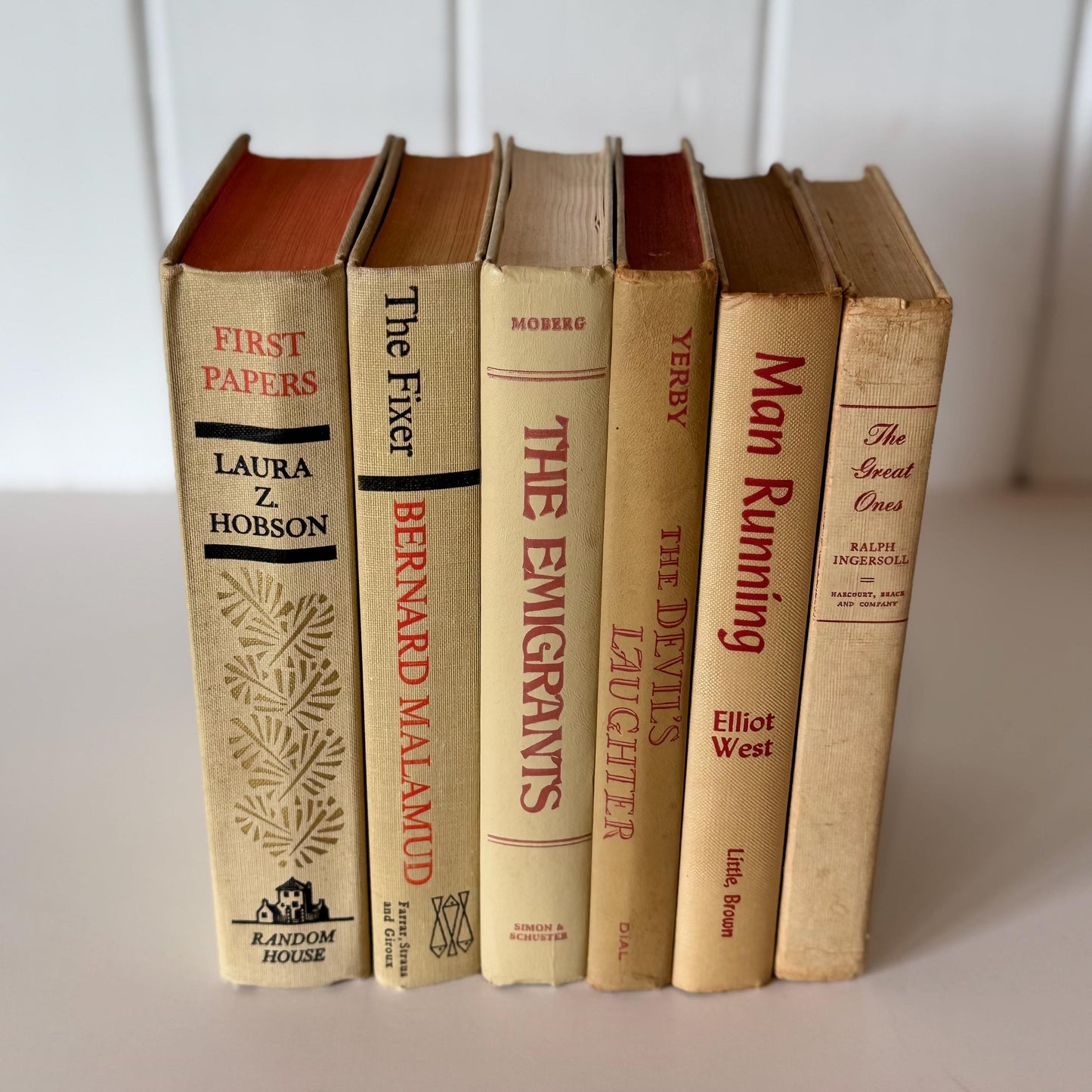 Beige Vintage Decorative Books, Masculine Mid-Century Beige and Red Book Bundle, Aesthetic Books for Office Decor
