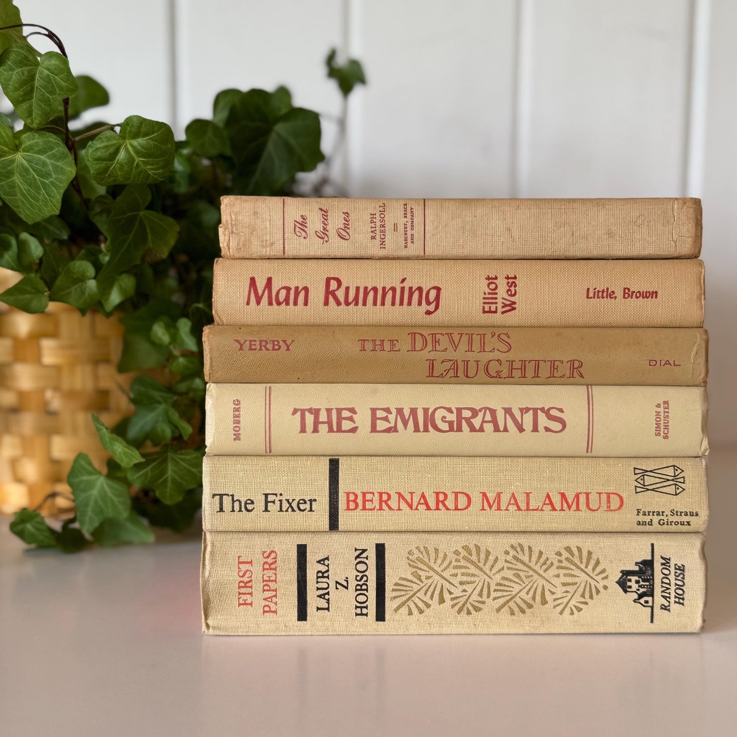 Beige Vintage Decorative Books, Masculine Mid-Century Beige and Red Book Bundle, Aesthetic Books for Office Decor